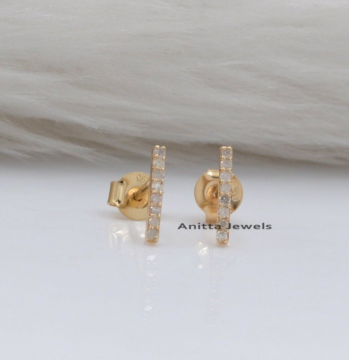9K Gold Diamond Bar Stud Earrings - View 4 - Anitta Jewels | SKU: etsy_1117940784 9K Gold Diamond Bar Stud Earrings - View 4 - Anitta Jewels | SKU: etsy_1117940784