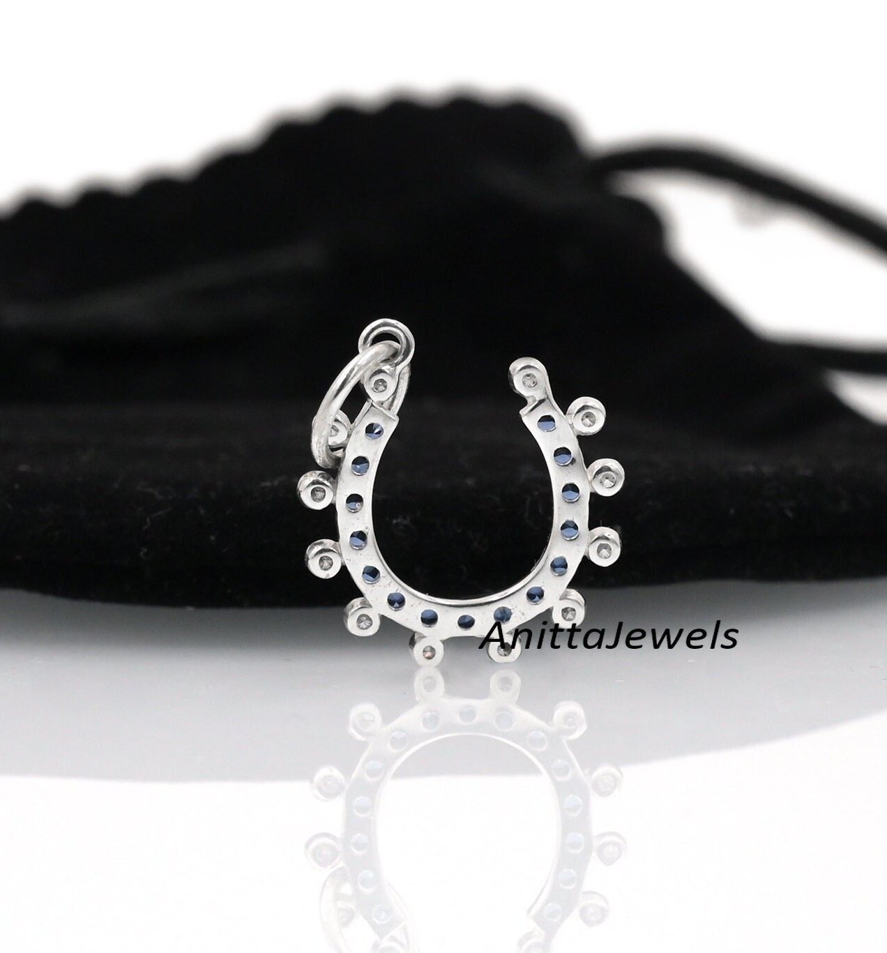 Blue Sapphire Horseshoe Pendant: Sterling Silver Moissanite Charm - View 2 - Anitta Jewels | SKU: etsy_1442195602 Blue Sapphire Horseshoe Pendant: Sterling Silver Moissanite Charm - View 2 - Anitta Jewels | SKU: etsy_1442195602