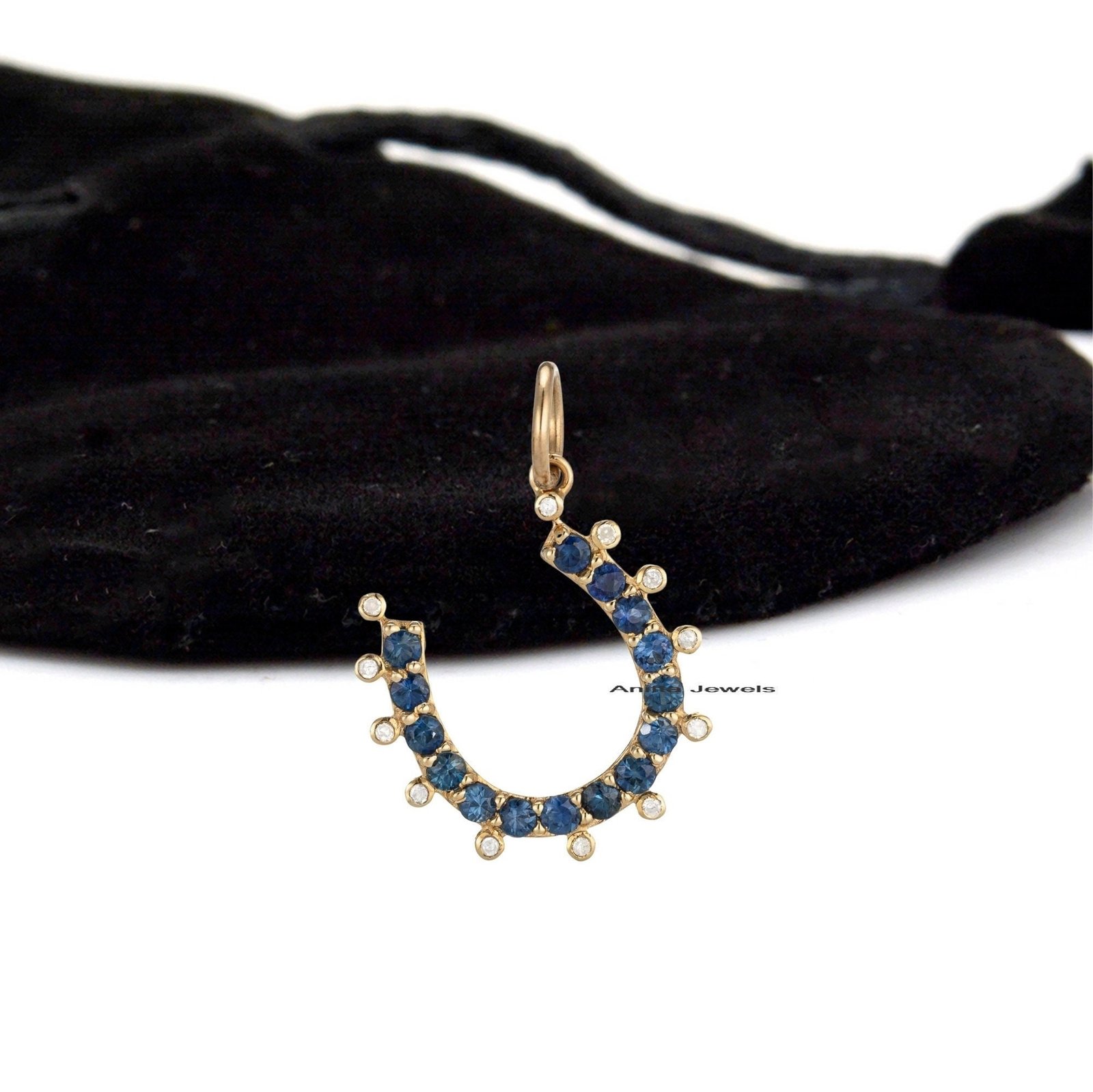 Blue Sapphire Horseshoe Pendant: Sterling Silver Moissanite Charm - View 3 - Anitta Jewels | SKU: etsy_1442195602 Blue Sapphire Horseshoe Pendant: Sterling Silver Moissanite Charm - View 3 - Anitta Jewels | SKU: etsy_1442195602