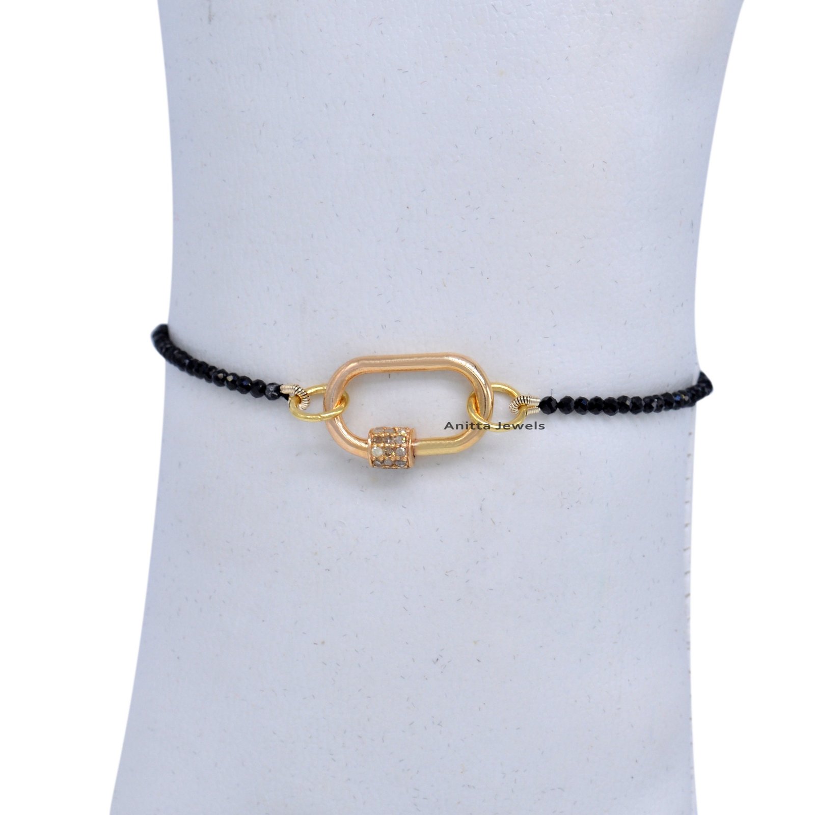 Diamond Carabiner Bracelet: Black Spinel Beads, 14k Gold Lock - View 5 - Anitta Jewels | SKU: etsy_1026091746 Diamond Carabiner Bracelet: Black Spinel Beads, 14k Gold Lock - View 5 - Anitta Jewels | SKU: etsy_1026091746