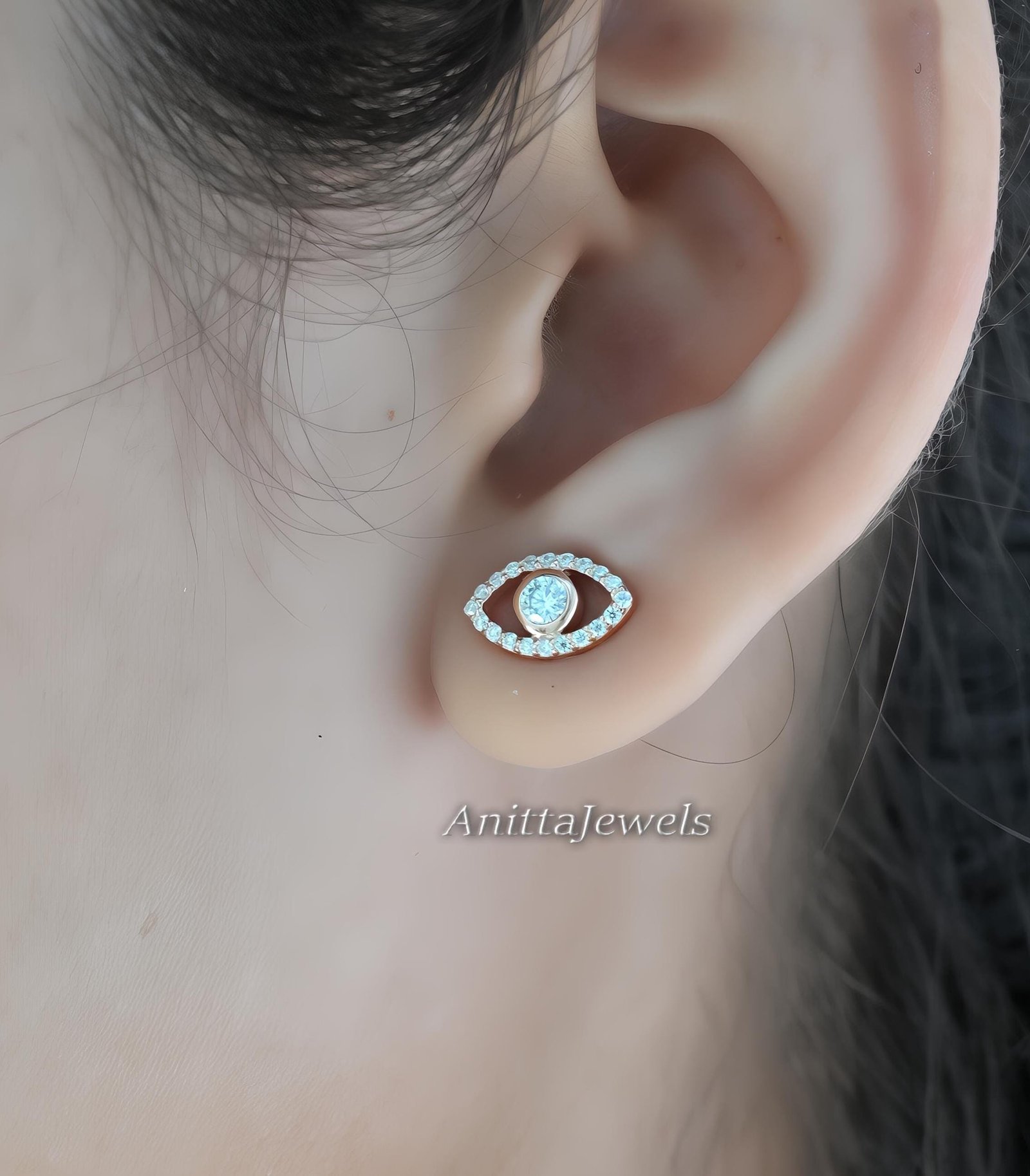 Diamond Evil Eye Stud Earrings: 925 Silver Protection Earrings - View 4 - Anitta Jewels | SKU: etsy_1811306517 Diamond Evil Eye Stud Earrings: 925 Silver Protection Earrings - View 4 - Anitta Jewels | SKU: etsy_1811306517