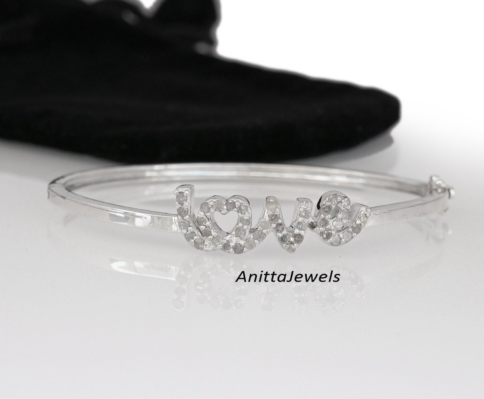 Diamond Initial Love Bangle: 925 Sterling Silver, Handmade - View 2 - Anitta Jewels | SKU: etsy_1149491845 Diamond Initial Love Bangle: 925 Sterling Silver, Handmade - View 2 - Anitta Jewels | SKU: etsy_1149491845