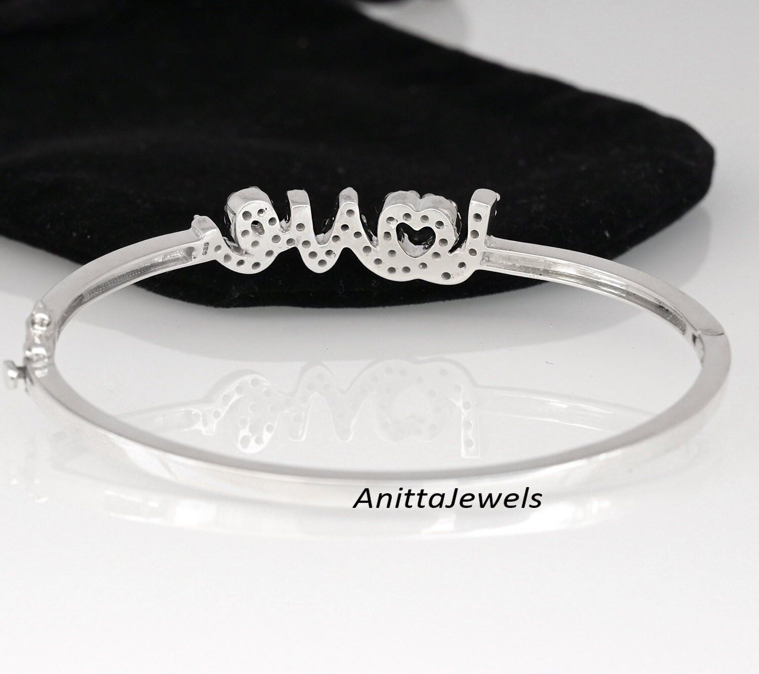 Diamond Initial Love Bangle: 925 Sterling Silver, Handmade - View 4 - Anitta Jewels | SKU: etsy_1149491845 Diamond Initial Love Bangle: 925 Sterling Silver, Handmade - View 4 - Anitta Jewels | SKU: etsy_1149491845
