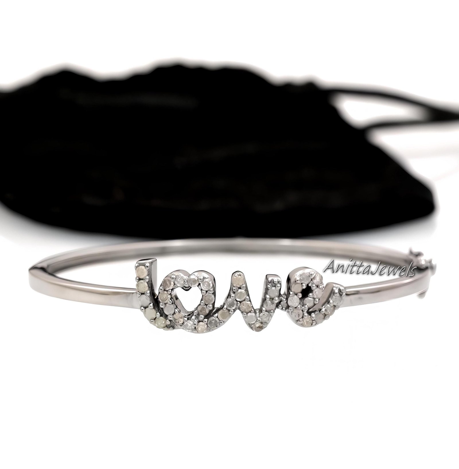 Diamond Initial Love Bangle: 925 Sterling Silver, Handmade - View 6 - Anitta Jewels | SKU: etsy_1149491845 Diamond Initial Love Bangle: 925 Sterling Silver, Handmade - View 6 - Anitta Jewels | SKU: etsy_1149491845