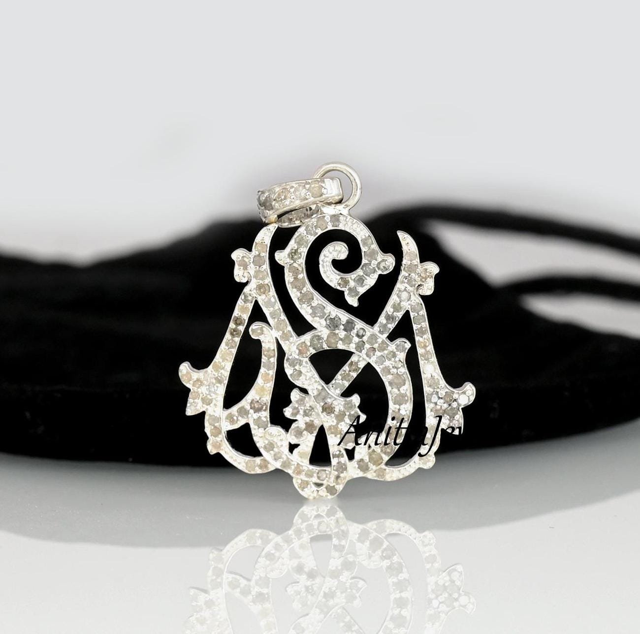 Diamond Monogram Pendant: Custom 925 Silver Alphabet Jewelry - View 5 - Anitta Jewels | SKU: etsy_1088458993 Diamond Monogram Pendant: Custom 925 Silver Alphabet Jewelry - View 5 - Anitta Jewels | SKU: etsy_1088458993