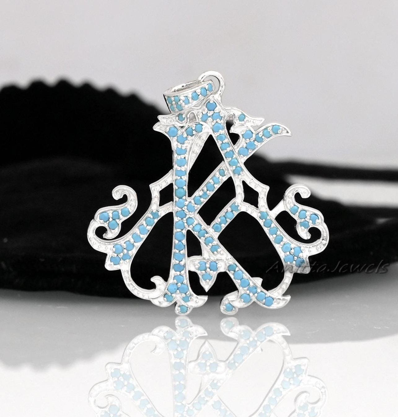 Diamond Turquoise 925 Silver Monogram Pendant - View 2 - Anitta Jewels | SKU: etsy_1082882109 Diamond Turquoise 925 Silver Monogram Pendant - View 2 - Anitta Jewels | SKU: etsy_1082882109