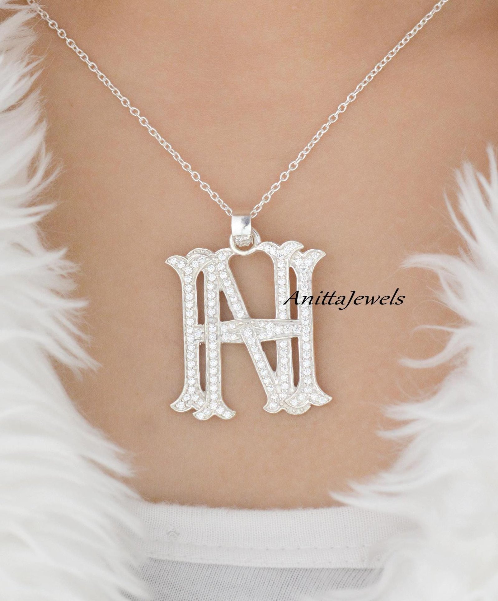 Diamond Turquoise 925 Silver Monogram Pendant - View 7 - Anitta Jewels | SKU: etsy_1082882109 Diamond Turquoise 925 Silver Monogram Pendant - View 7 - Anitta Jewels | SKU: etsy_1082882109