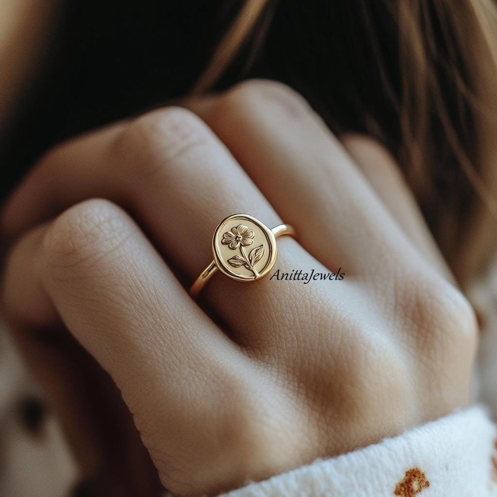 Engraved Flower Signet Ring: Sterling Silver Floral Ring - View 2 - Anitta Jewels | SKU: etsy_1781798741 Engraved Flower Signet Ring: Sterling Silver Floral Ring - View 2 - Anitta Jewels | SKU: etsy_1781798741