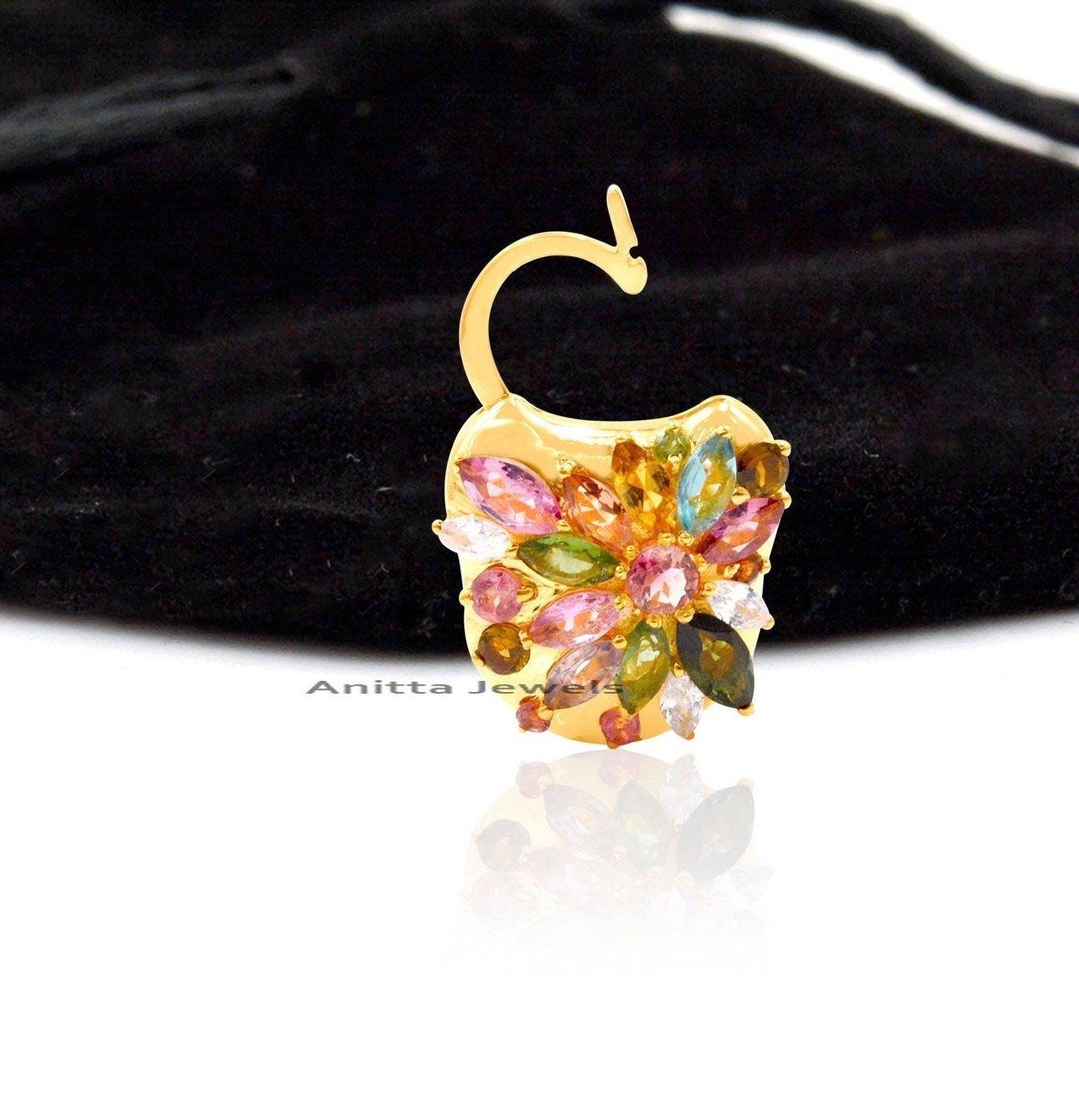 Gold Vermeil Padlock Pendant: Multi Tourmaline 925 Silver Connector - View 2 - Anitta Jewels | SKU: etsy_1061387020 Gold Vermeil Padlock Pendant: Multi Tourmaline 925 Silver Connector - View 2 - Anitta Jewels | SKU: etsy_1061387020