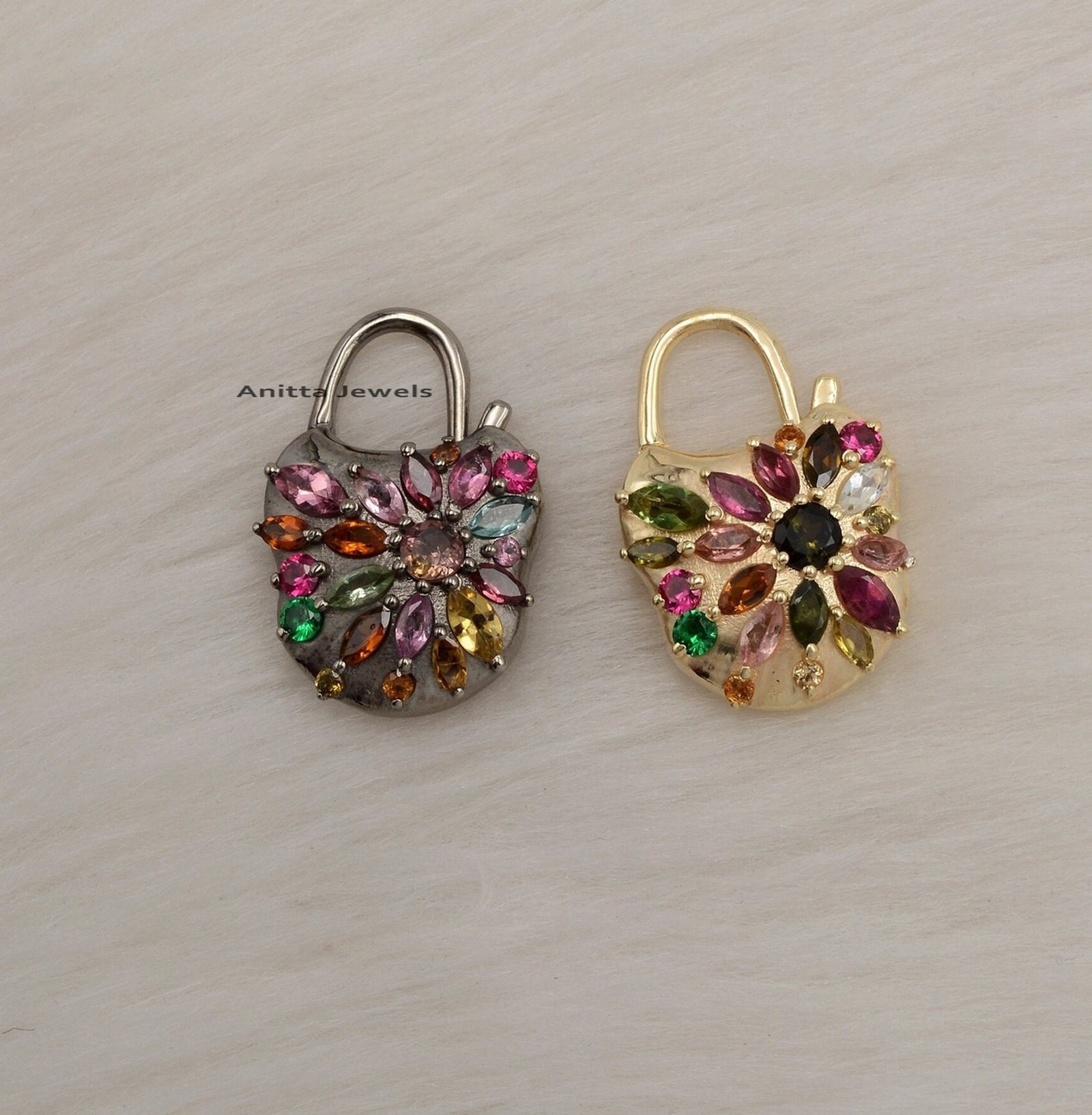Gold Vermeil Padlock Pendant: Multi Tourmaline 925 Silver Connector - View 4 - Anitta Jewels | SKU: etsy_1061387020 Gold Vermeil Padlock Pendant: Multi Tourmaline 925 Silver Connector - View 4 - Anitta Jewels | SKU: etsy_1061387020