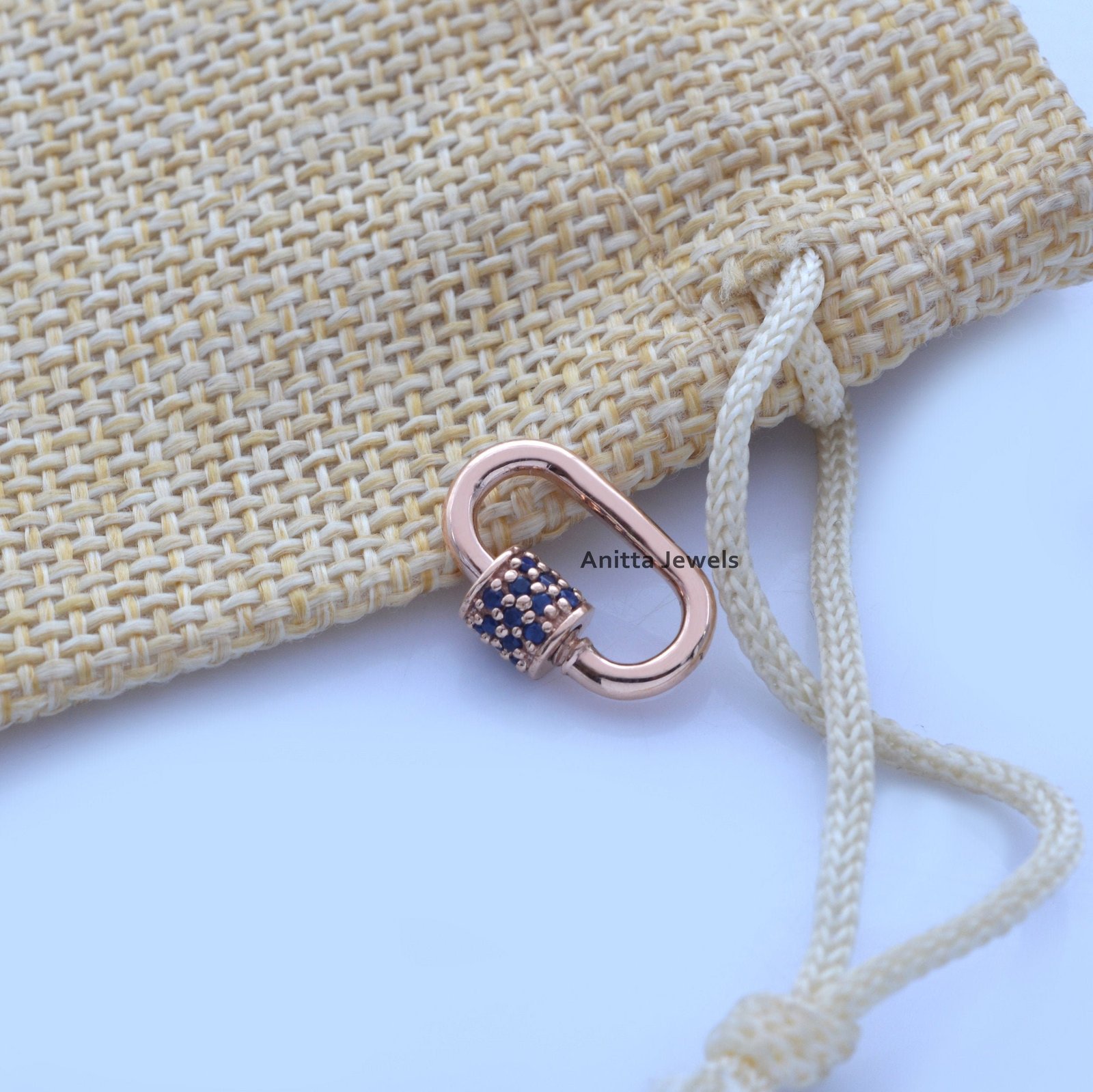 Handmade 14K Gold Carabiner Lock with Blue Sapphires - View 2 - Anitta Jewels | SKU: etsy_854134220 Handmade 14K Gold Carabiner Lock with Blue Sapphires - View 2 - Anitta Jewels | SKU: etsy_854134220