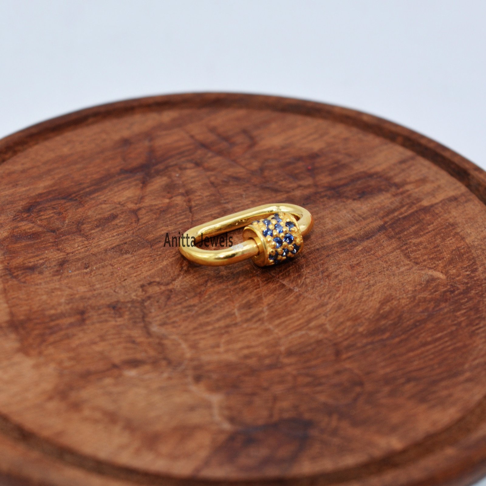 Handmade 14K Gold Carabiner Lock with Blue Sapphires - View 5 - Anitta Jewels | SKU: etsy_854134220 Handmade 14K Gold Carabiner Lock with Blue Sapphires - View 5 - Anitta Jewels | SKU: etsy_854134220