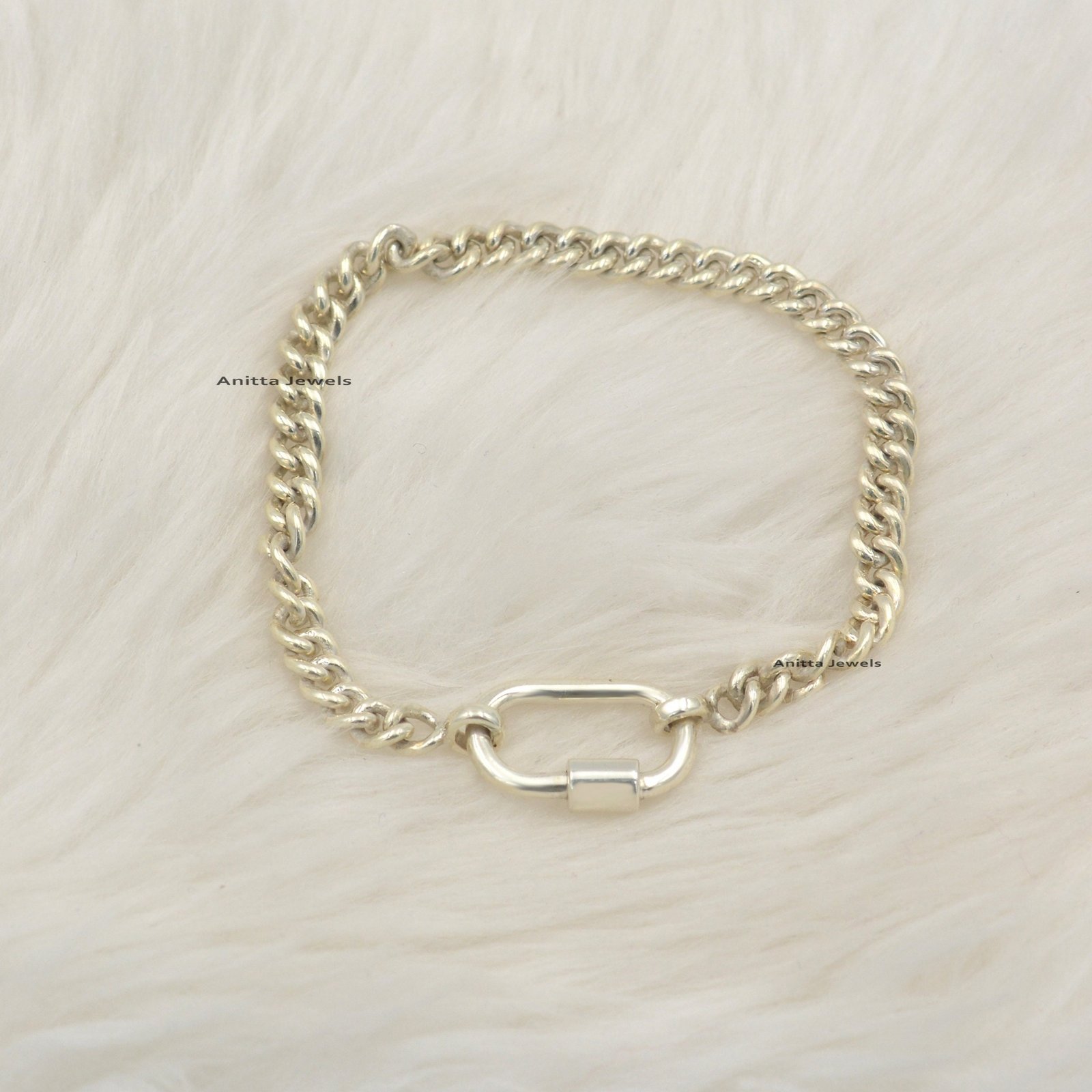 Handmade 925 Silver Curb Chain Bracelet with Carabiner Lock - View 2 - Anitta Jewels | SKU: etsy_1102627598 Handmade 925 Silver Curb Chain Bracelet with Carabiner Lock - View 2 - Anitta Jewels | SKU: etsy_1102627598