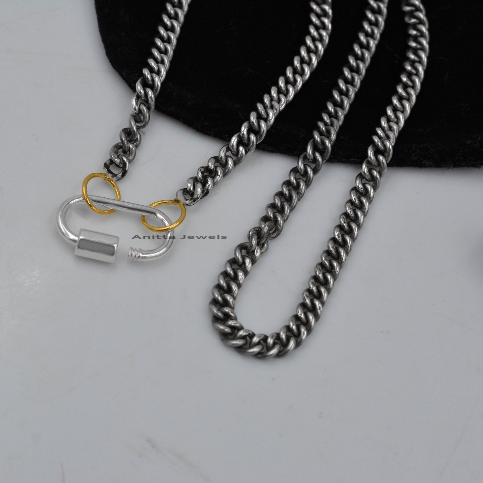 Handmade 925 Silver Curb Chain Necklace with Carabiner Clasp - View 2 - Anitta Jewels | SKU: etsy_1090838483 Handmade 925 Silver Curb Chain Necklace with Carabiner Clasp - View 2 - Anitta Jewels | SKU: etsy_1090838483