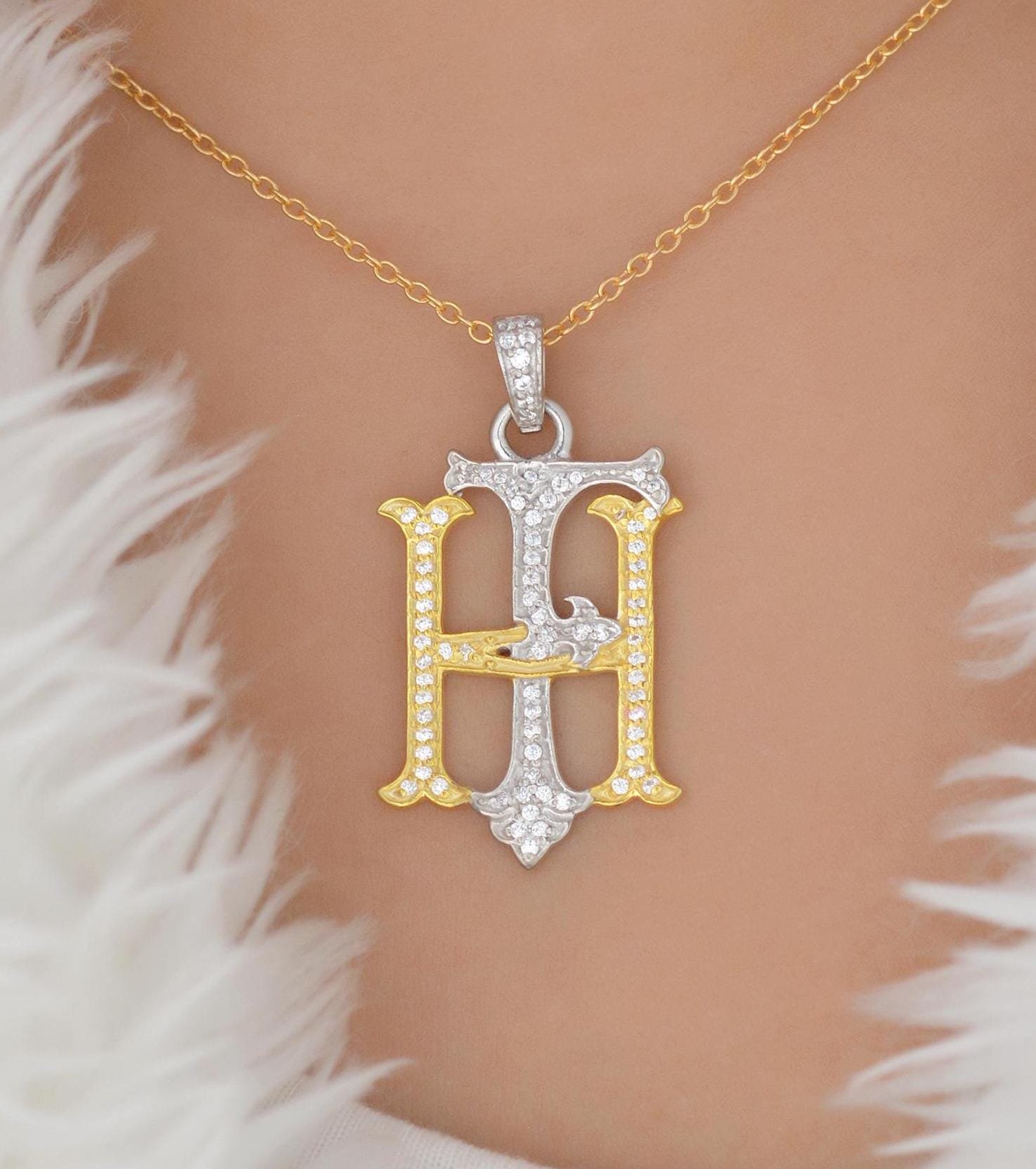 Handmade 925 Silver Moissanite Monogram Pendant: Two-Tone Designer Necklace - Anitta Jewels | SKU: etsy_1773990294 Handmade 925 Silver Moissanite Monogram Pendant: Two-Tone Designer Necklace - Anitta Jewels | SKU: etsy_1773990294