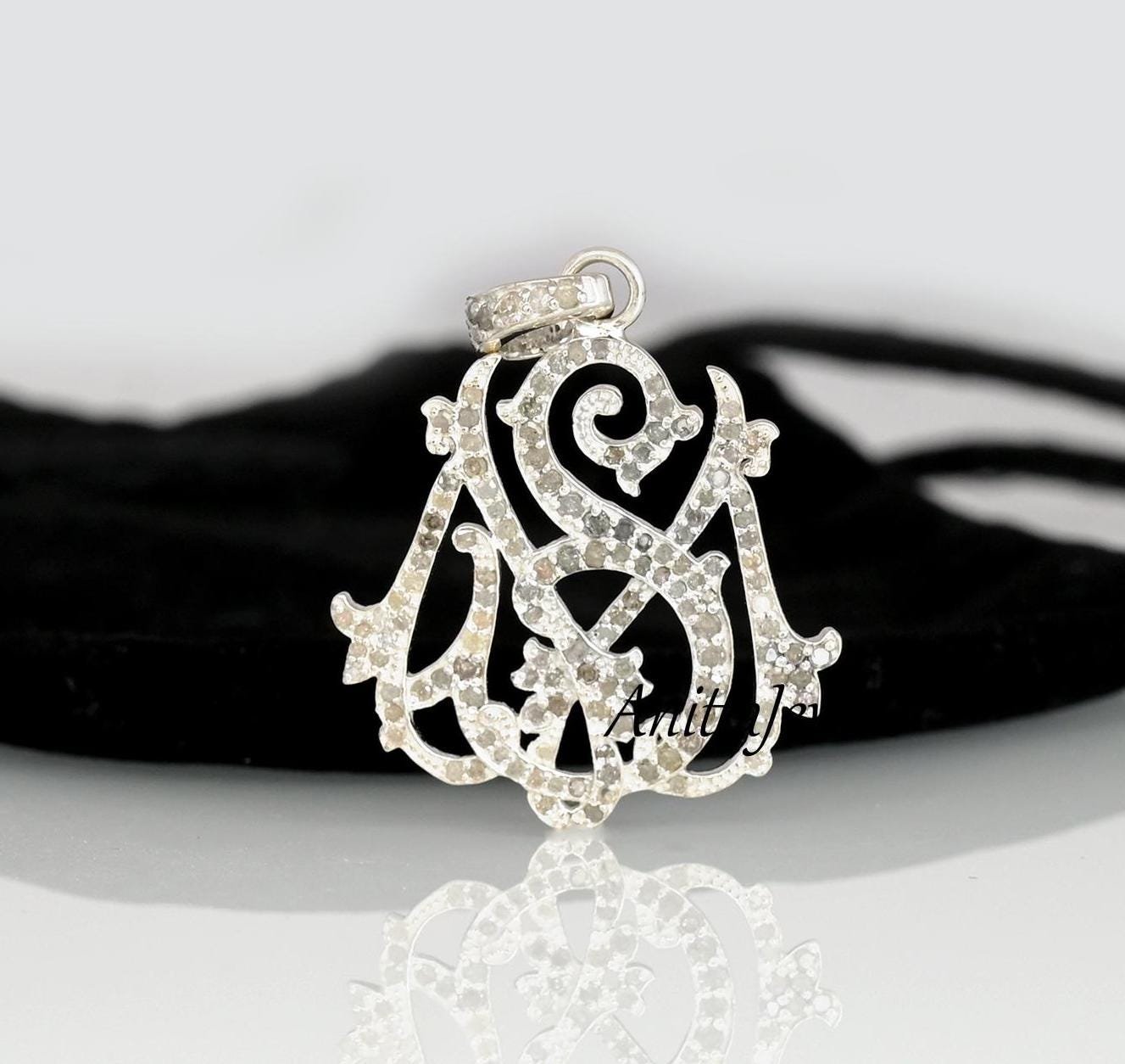 Handmade Diamond Initial Pendant: 925 Silver Letter Monogram - View 3 - Anitta Jewels | SKU: etsy_982275518 Handmade Diamond Initial Pendant: 925 Silver Letter Monogram - View 3 - Anitta Jewels | SKU: etsy_982275518