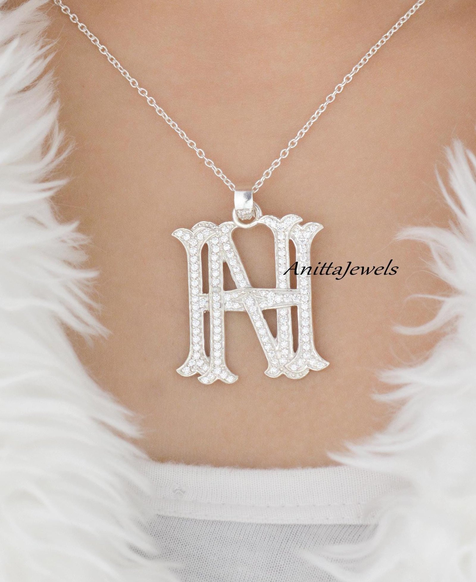 Handmade Diamond Initial Pendant: 925 Silver Letter Monogram - View 6 - Anitta Jewels | SKU: etsy_982275518 Handmade Diamond Initial Pendant: 925 Silver Letter Monogram - View 6 - Anitta Jewels | SKU: etsy_982275518
