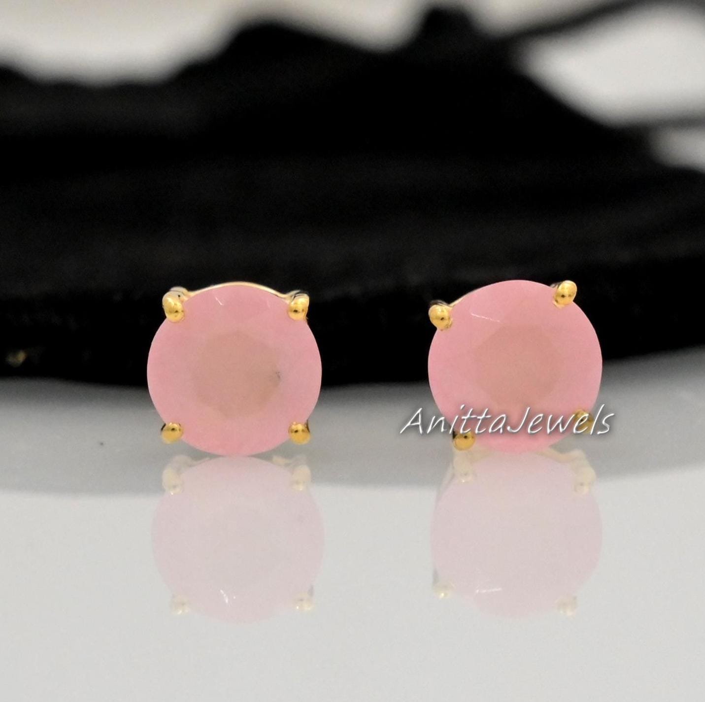 Handmade Faceted Rose Quartz Stud Earrings: 925 Silver, 15mm - View 2 - Anitta Jewels | SKU: etsy_1899965609 Handmade Faceted Rose Quartz Stud Earrings: 925 Silver, 15mm - View 2 - Anitta Jewels | SKU: etsy_1899965609