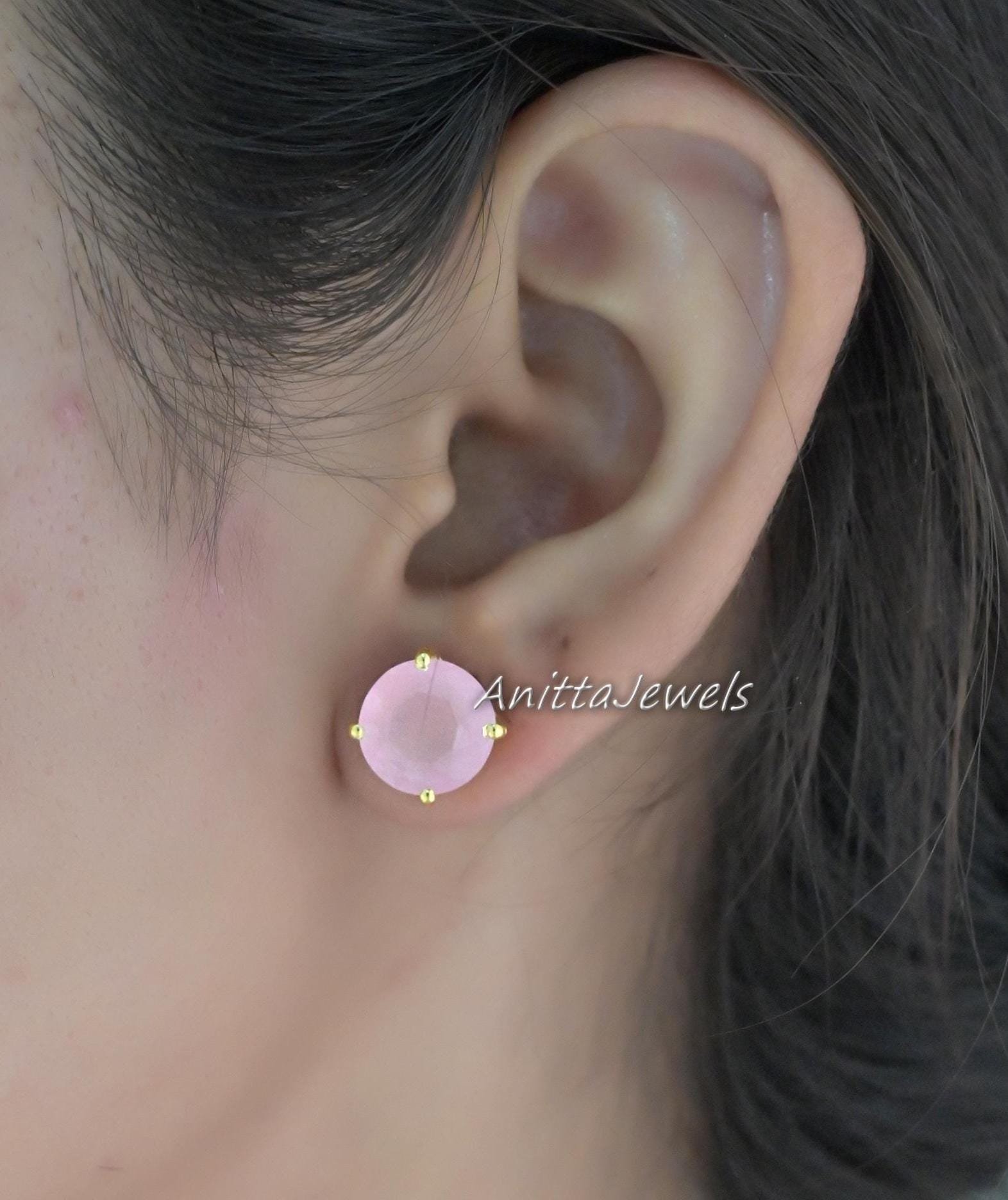 Handmade Faceted Rose Quartz Stud Earrings: 925 Silver, 15mm - View 3 - Anitta Jewels | SKU: etsy_1899965609 Handmade Faceted Rose Quartz Stud Earrings: 925 Silver, 15mm - View 3 - Anitta Jewels | SKU: etsy_1899965609