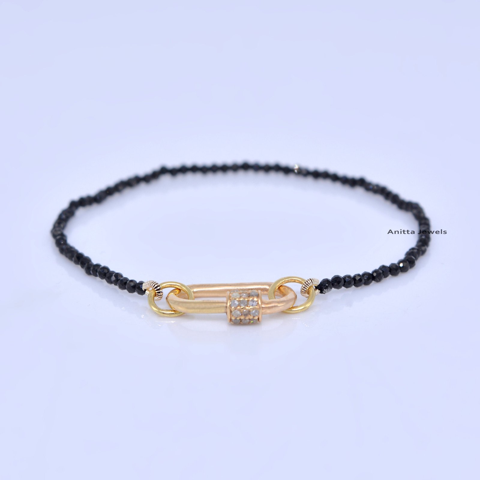 Lapis Bead Bracelet: Diamond Carabiner Lock, 14k Gold Plated Silver - View 3 - Anitta Jewels | SKU: etsy_1023564500 Lapis Bead Bracelet: Diamond Carabiner Lock, 14k Gold Plated Silver - View 3 - Anitta Jewels | SKU: etsy_1023564500