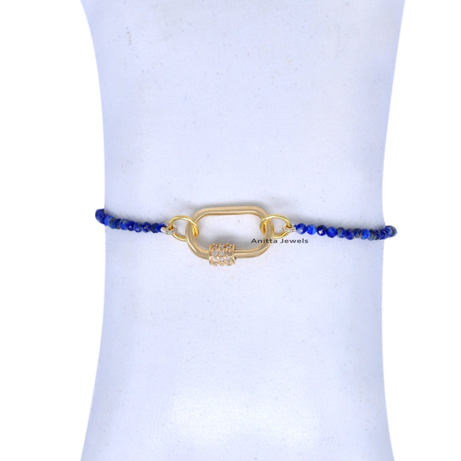 Lapis Bead Bracelet: Diamond Carabiner Lock, 14k Gold Plated Silver - View 6 - Anitta Jewels | SKU: etsy_1023564500 Lapis Bead Bracelet: Diamond Carabiner Lock, 14k Gold Plated Silver - View 6 - Anitta Jewels | SKU: etsy_1023564500