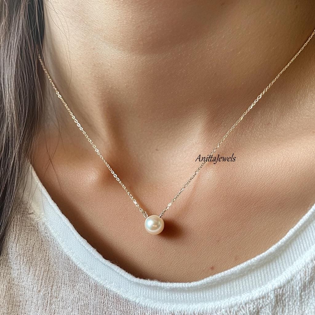 Minimalist Sterling Silver Floating Pearl Necklace - Anitta Jewels | SKU: etsy_1781736005 Minimalist Sterling Silver Floating Pearl Necklace - Anitta Jewels | SKU: etsy_1781736005
