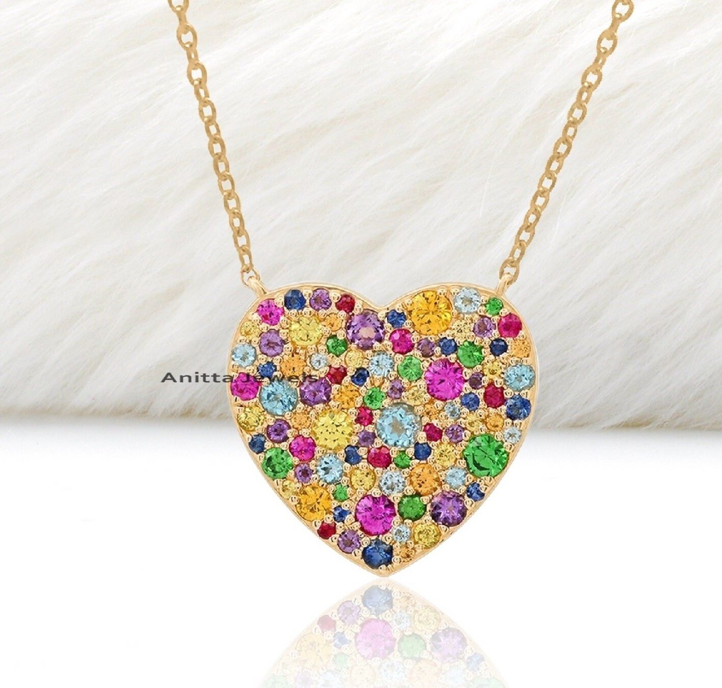 Multi Gemstone Heart Pendant Necklace: 925 Silver, 25 MM - View 3 - Anitta Jewels | SKU: etsy_1207439889 Multi Gemstone Heart Pendant Necklace: 925 Silver, 25 MM - View 3 - Anitta Jewels | SKU: etsy_1207439889