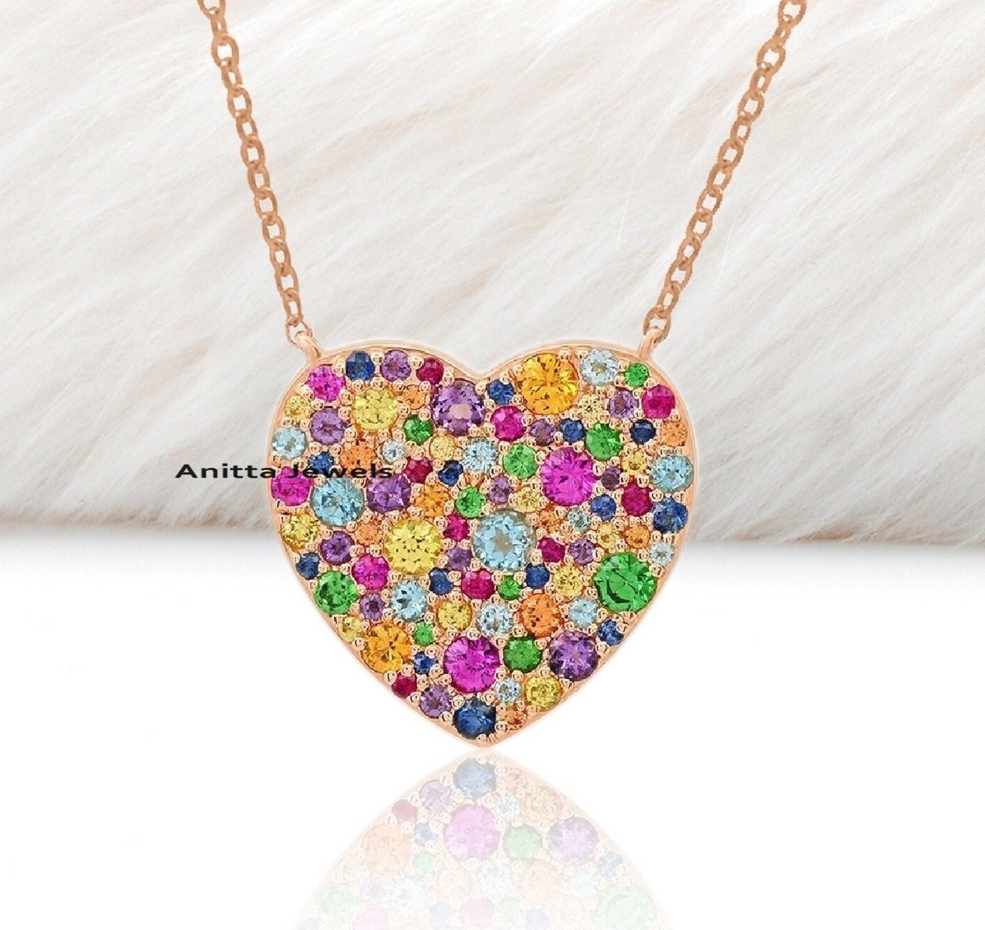 Multi Gemstone Heart Pendant Necklace: 925 Silver, 25 MM - View 4 - Anitta Jewels | SKU: etsy_1207439889 Multi Gemstone Heart Pendant Necklace: 925 Silver, 25 MM - View 4 - Anitta Jewels | SKU: etsy_1207439889
