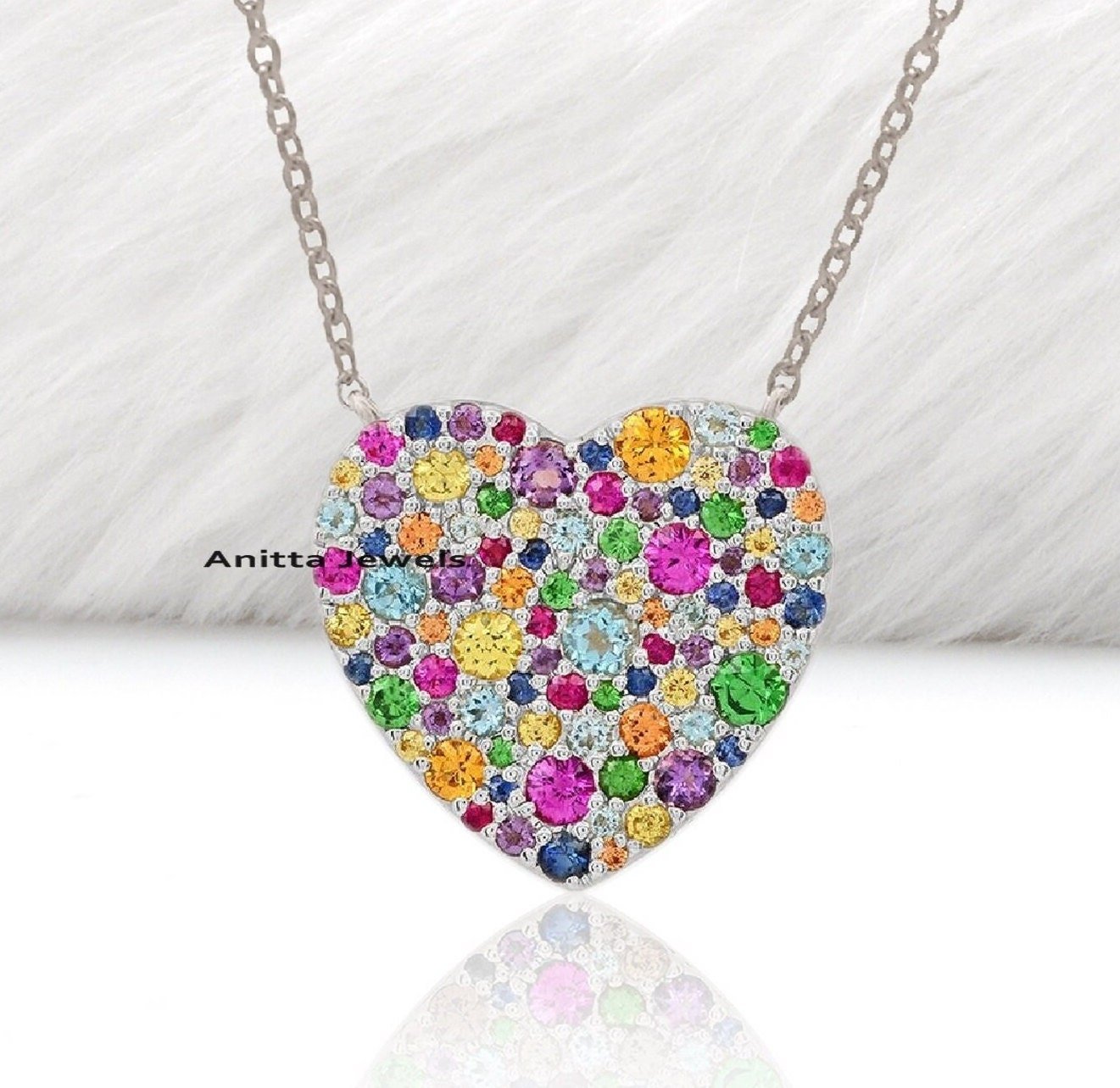 Multi Gemstone Heart Pendant Necklace: 925 Silver, 25 MM - View 5 - Anitta Jewels | SKU: etsy_1207439889 Multi Gemstone Heart Pendant Necklace: 925 Silver, 25 MM - View 5 - Anitta Jewels | SKU: etsy_1207439889