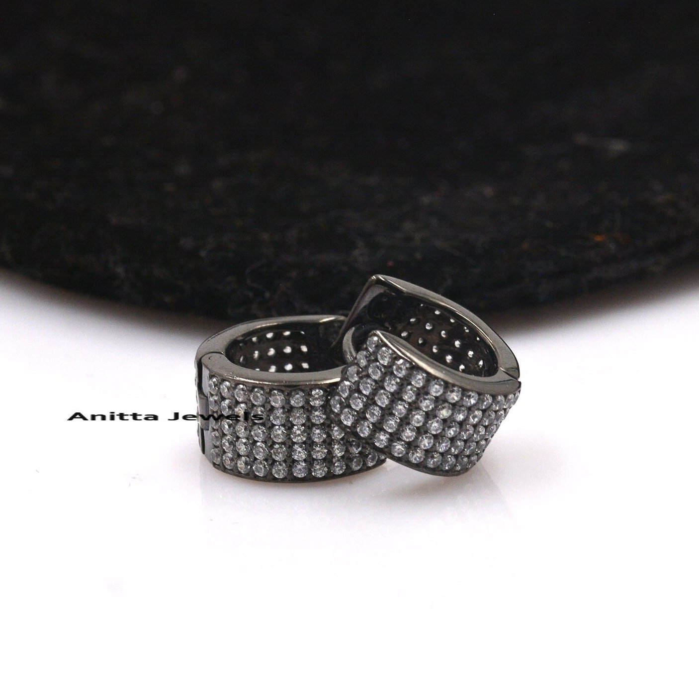 Oxidized Diamond Huggie Earrings: Rhodium 925 Silver Hoops - Anitta Jewels | SKU: etsy_977823150 Oxidized Diamond Huggie Earrings: Rhodium 925 Silver Hoops - Anitta Jewels | SKU: etsy_977823150