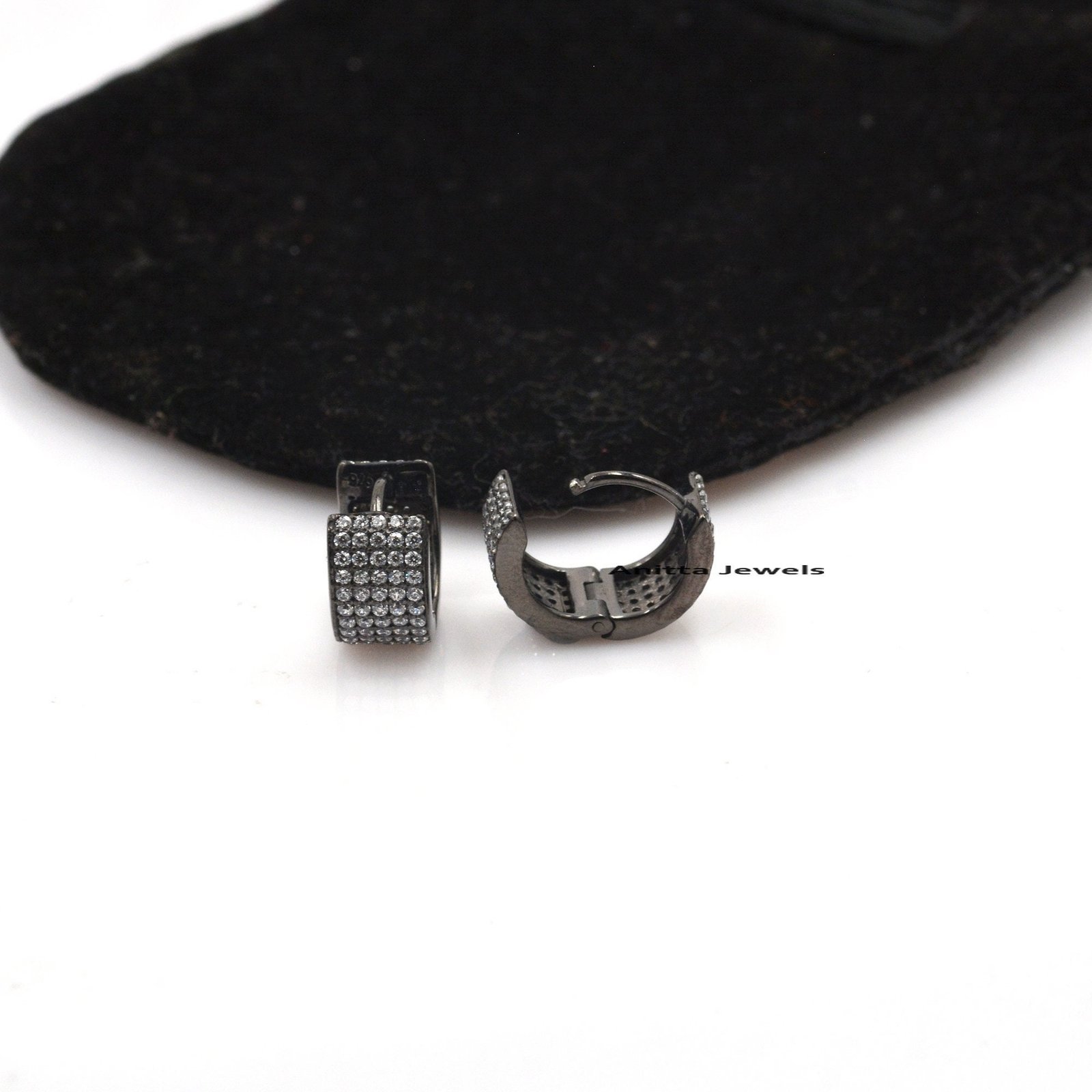 Oxidized Diamond Huggie Earrings: Rhodium 925 Silver Hoops - View 2 - Anitta Jewels | SKU: etsy_977823150 Oxidized Diamond Huggie Earrings: Rhodium 925 Silver Hoops - View 2 - Anitta Jewels | SKU: etsy_977823150