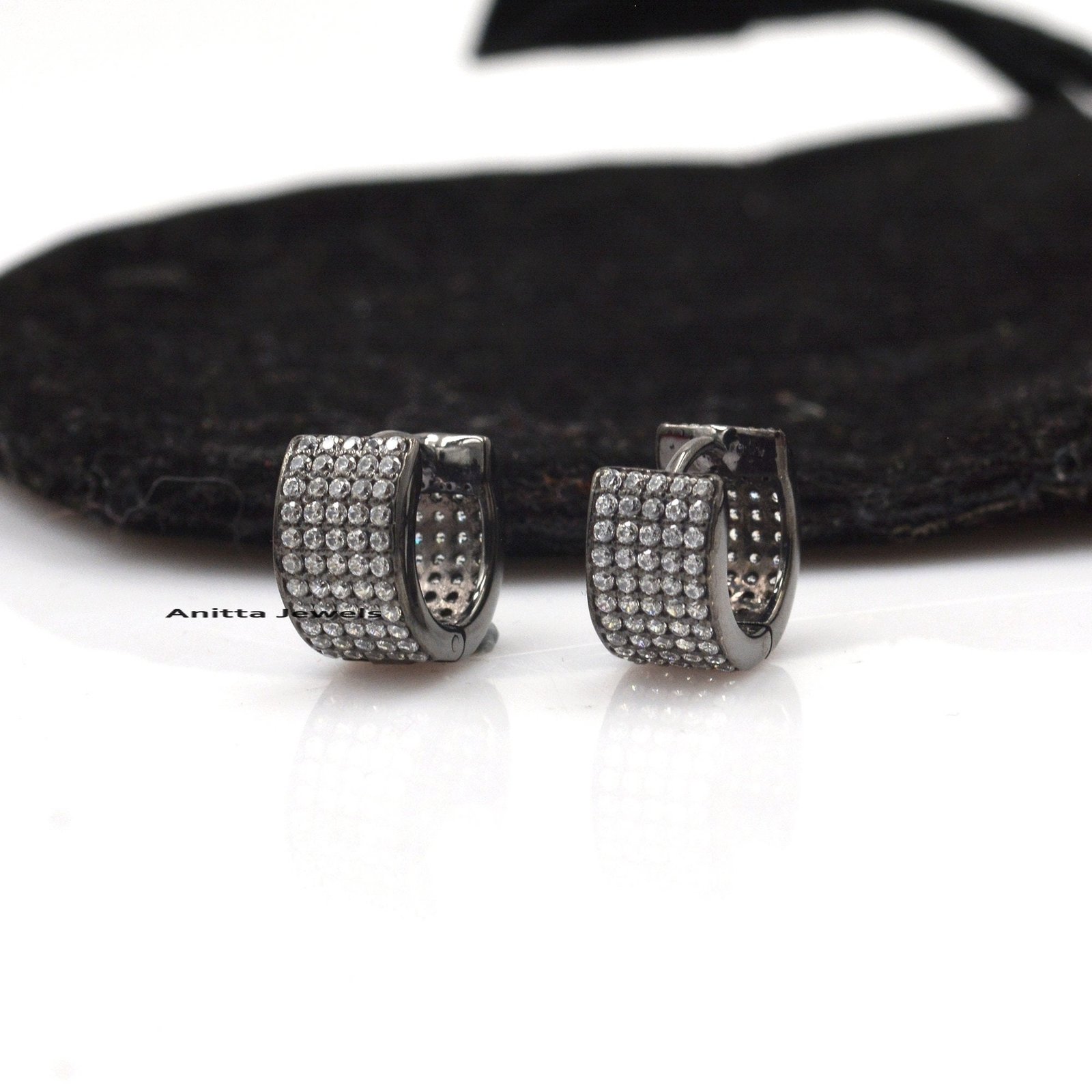 Oxidized Diamond Huggie Earrings: Rhodium 925 Silver Hoops - View 3 - Anitta Jewels | SKU: etsy_977823150 Oxidized Diamond Huggie Earrings: Rhodium 925 Silver Hoops - View 3 - Anitta Jewels | SKU: etsy_977823150