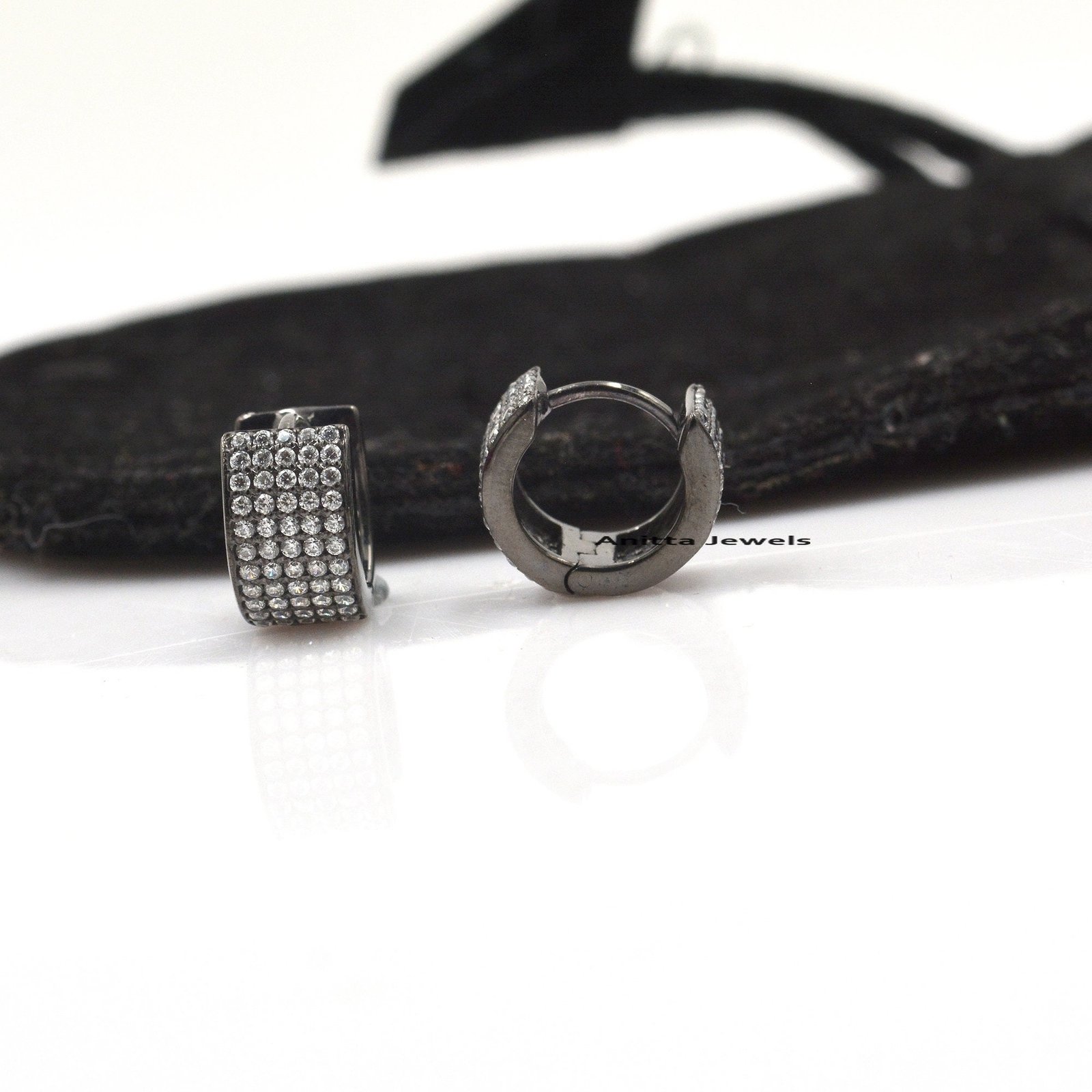 Oxidized Diamond Huggie Earrings: Rhodium 925 Silver Hoops - View 4 - Anitta Jewels | SKU: etsy_977823150 Oxidized Diamond Huggie Earrings: Rhodium 925 Silver Hoops - View 4 - Anitta Jewels | SKU: etsy_977823150