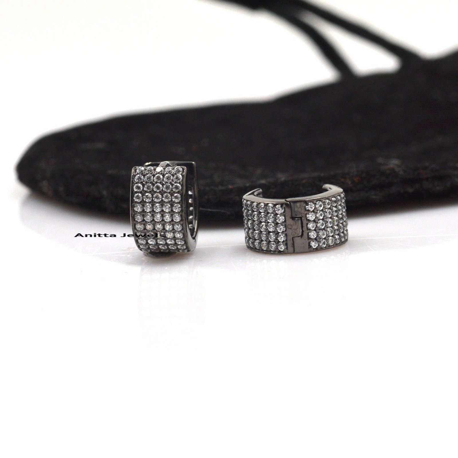 Oxidized Diamond Huggie Earrings: Rhodium 925 Silver Hoops - View 5 - Anitta Jewels | SKU: etsy_977823150 Oxidized Diamond Huggie Earrings: Rhodium 925 Silver Hoops - View 5 - Anitta Jewels | SKU: etsy_977823150