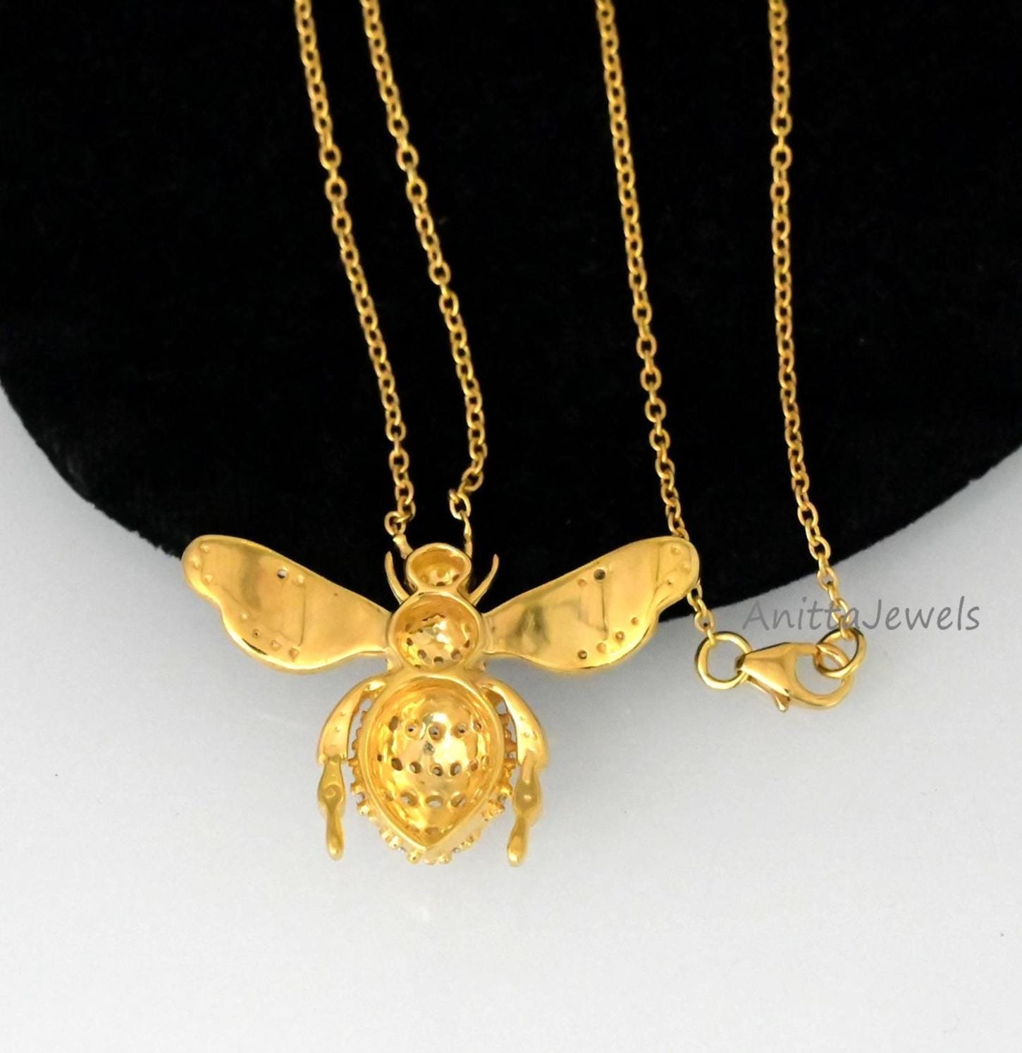 Pave Diamond Bumble Bee Necklace, Sterling Silver Charm - View 2 - Anitta Jewels | SKU: etsy_1890656200 Pave Diamond Bumble Bee Necklace, Sterling Silver Charm - View 2 - Anitta Jewels | SKU: etsy_1890656200