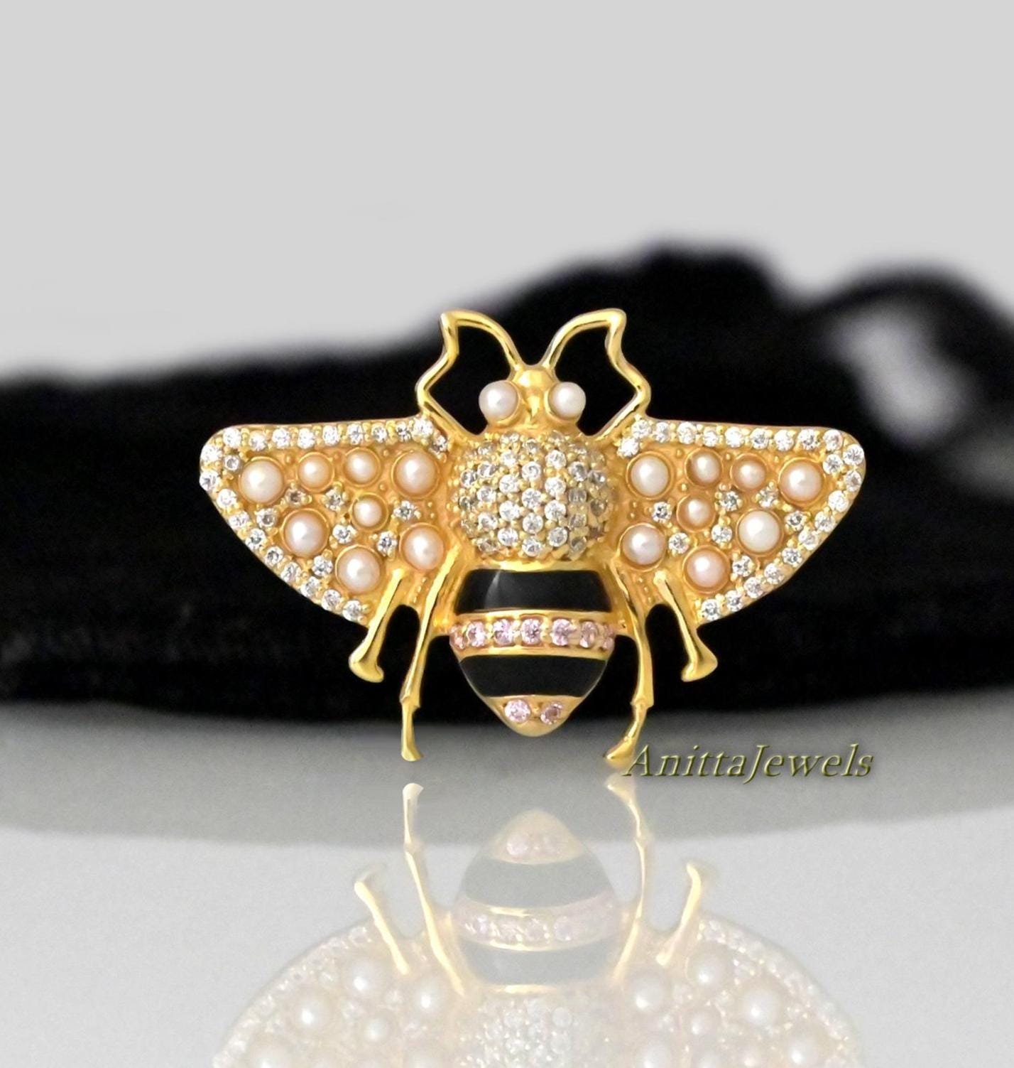 Pave Diamond Honey Bee Brooch: Sterling Silver, Opal & Pearl - Anitta Jewels | SKU: etsy_1863105362 Pave Diamond Honey Bee Brooch: Sterling Silver, Opal & Pearl - Anitta Jewels | SKU: etsy_1863105362