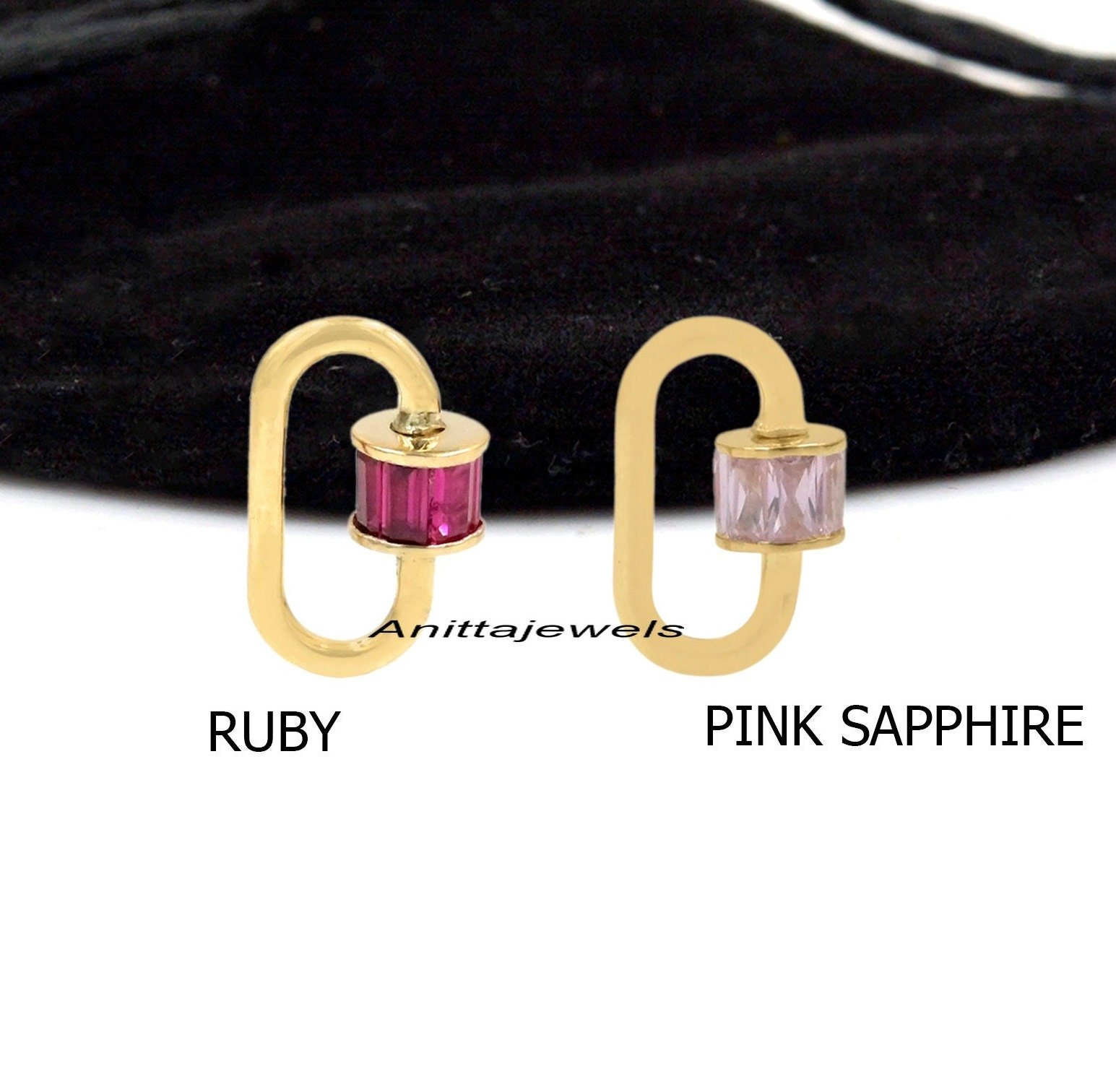 Pink Sapphire Baguette 925 Silver Carabiner Lock - View 2 - Anitta Jewels | SKU: etsy_1035406730 Pink Sapphire Baguette 925 Silver Carabiner Lock - View 2 - Anitta Jewels | SKU: etsy_1035406730