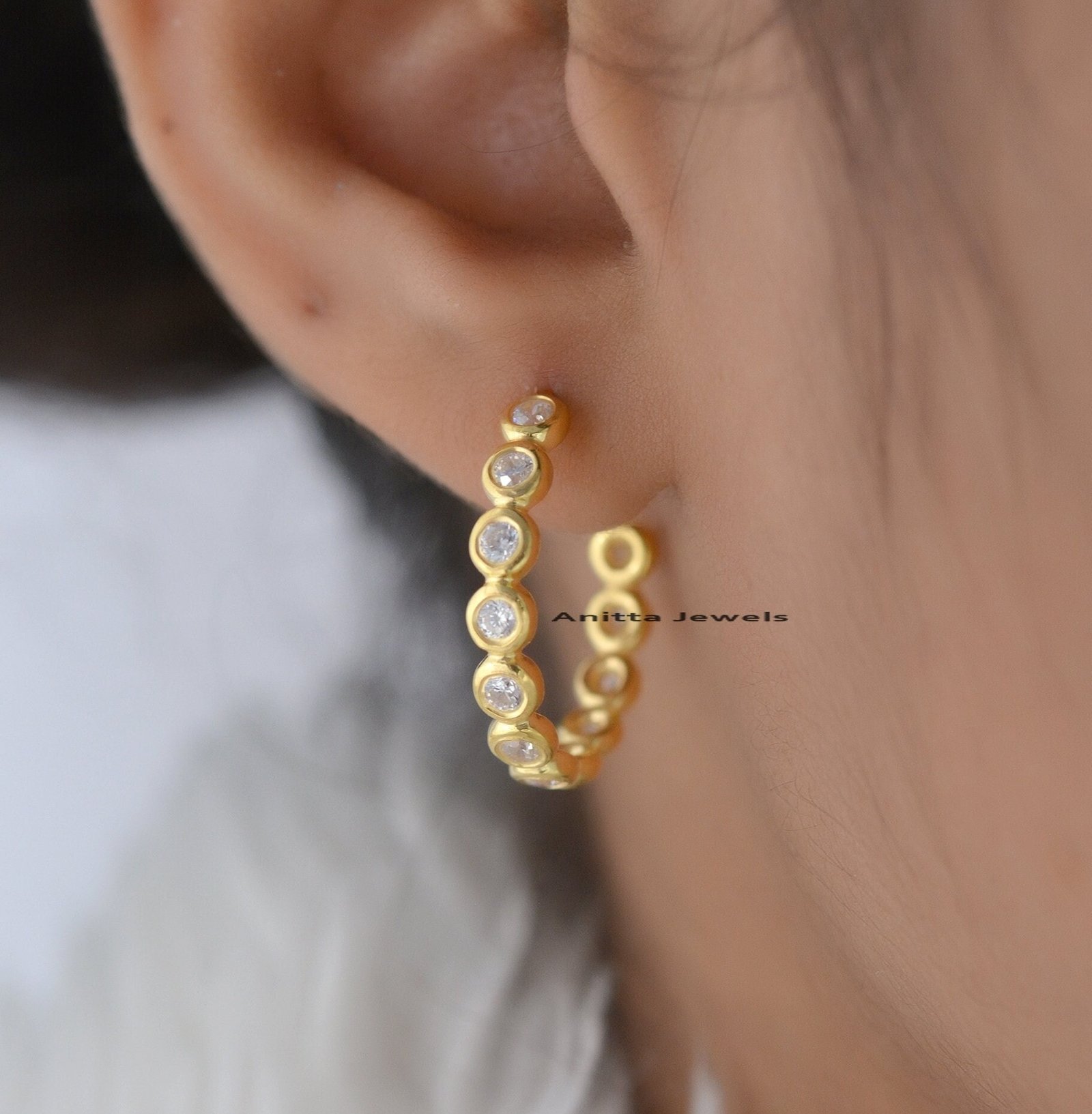 Shared Prong Diamond Huggie Hoop Earrings: 925 Silver - Anitta Jewels | SKU: etsy_1436240165 Shared Prong Diamond Huggie Hoop Earrings: 925 Silver - Anitta Jewels | SKU: etsy_1436240165
