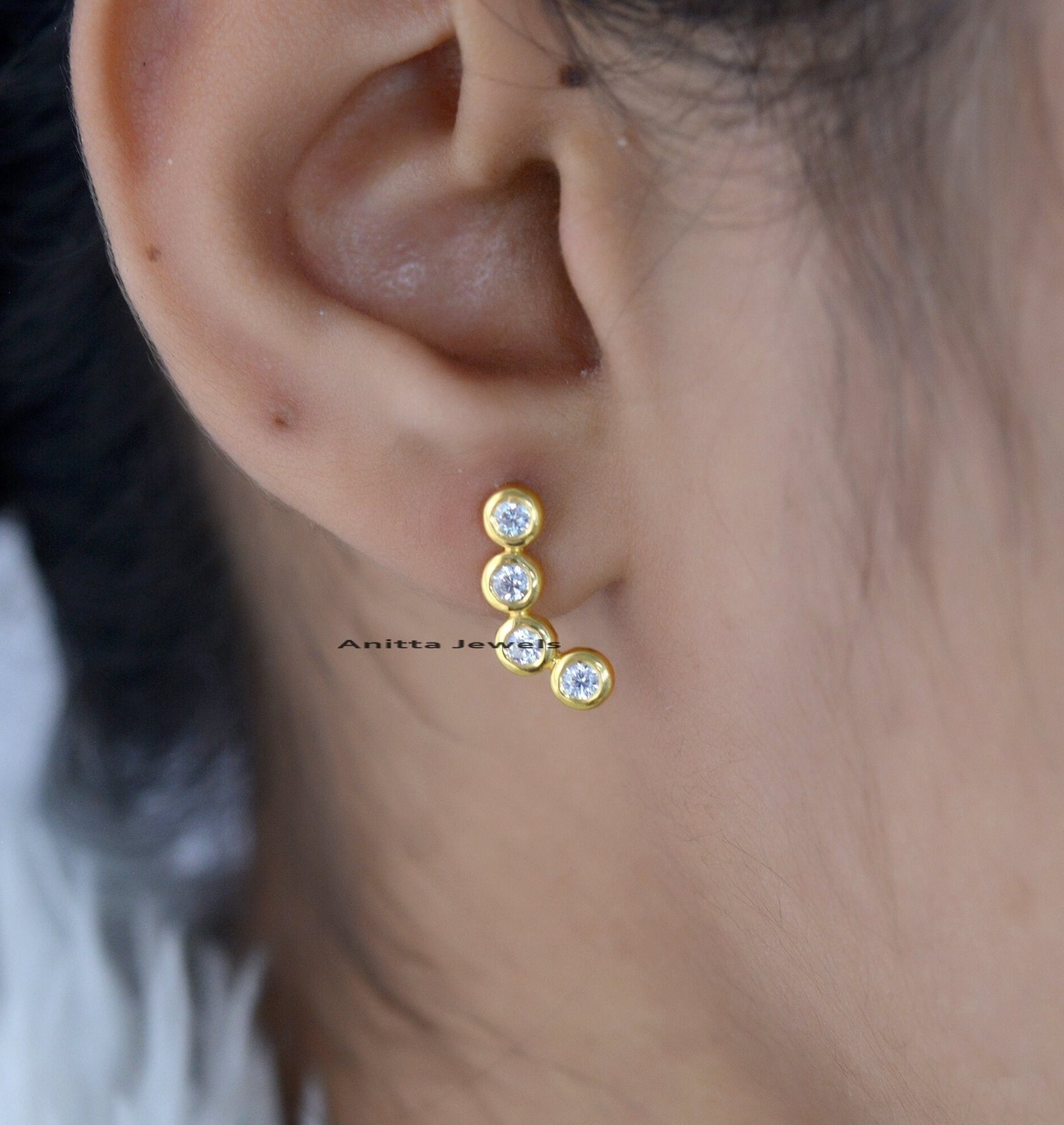 Shared Prong Diamond Huggie Hoop Earrings: 925 Silver - View 2 - Anitta Jewels | SKU: etsy_1436240165 Shared Prong Diamond Huggie Hoop Earrings: 925 Silver - View 2 - Anitta Jewels | SKU: etsy_1436240165
