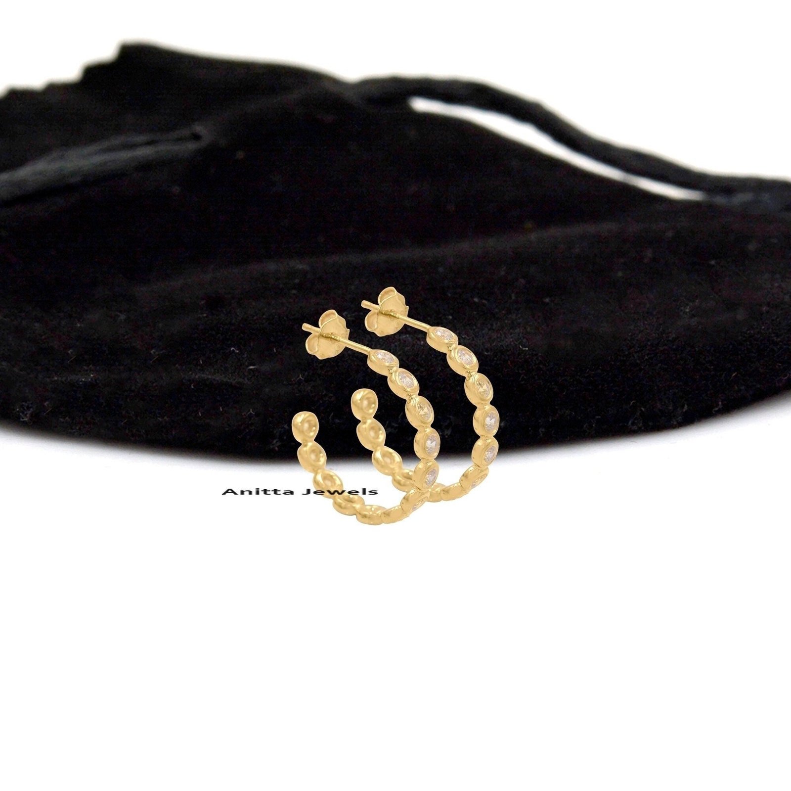 Shared Prong Diamond Huggie Hoop Earrings: 925 Silver - View 3 - Anitta Jewels | SKU: etsy_1436240165 Shared Prong Diamond Huggie Hoop Earrings: 925 Silver - View 3 - Anitta Jewels | SKU: etsy_1436240165