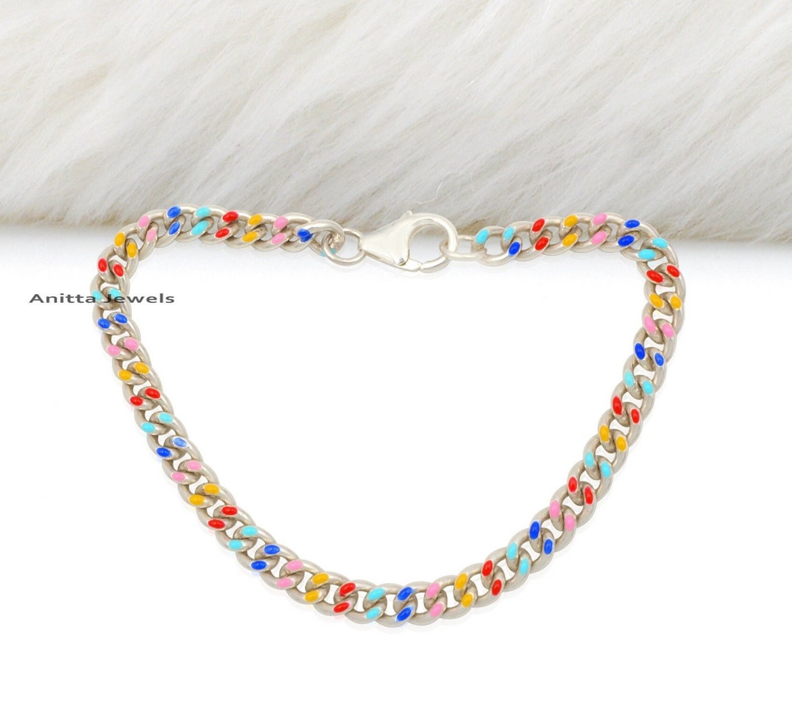 Silver Multi-Color Enamel Curb Chain Bracelet - Anitta Jewels | SKU: etsy_1158290476 Silver Multi-Color Enamel Curb Chain Bracelet - Anitta Jewels | SKU: etsy_1158290476