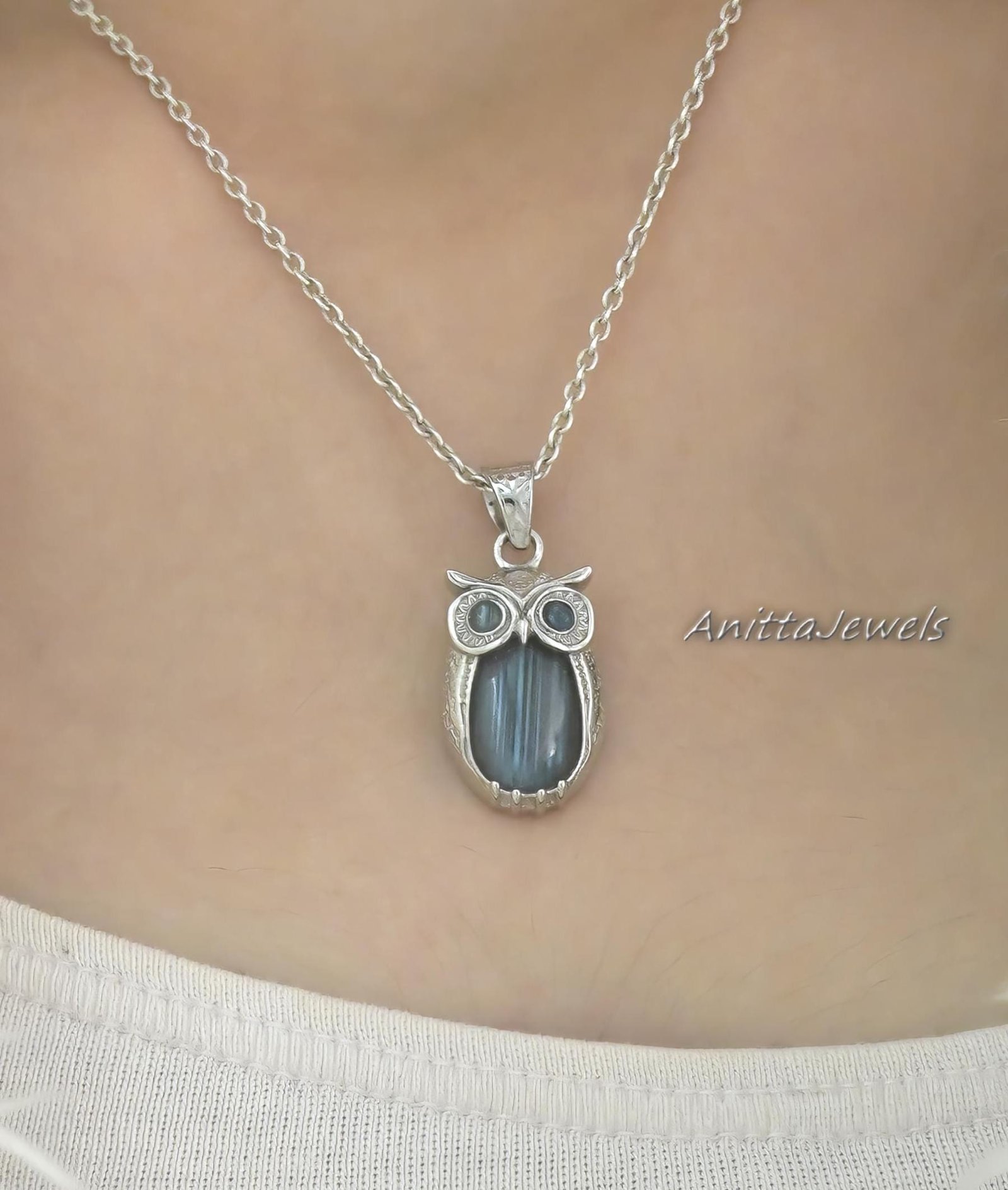 Silver Owl Pendant: Carved Gemstone Charm, 925 Silver - View 7 - Anitta Jewels | SKU: etsy_1901491043 Silver Owl Pendant: Carved Gemstone Charm, 925 Silver - View 7 - Anitta Jewels | SKU: etsy_1901491043
