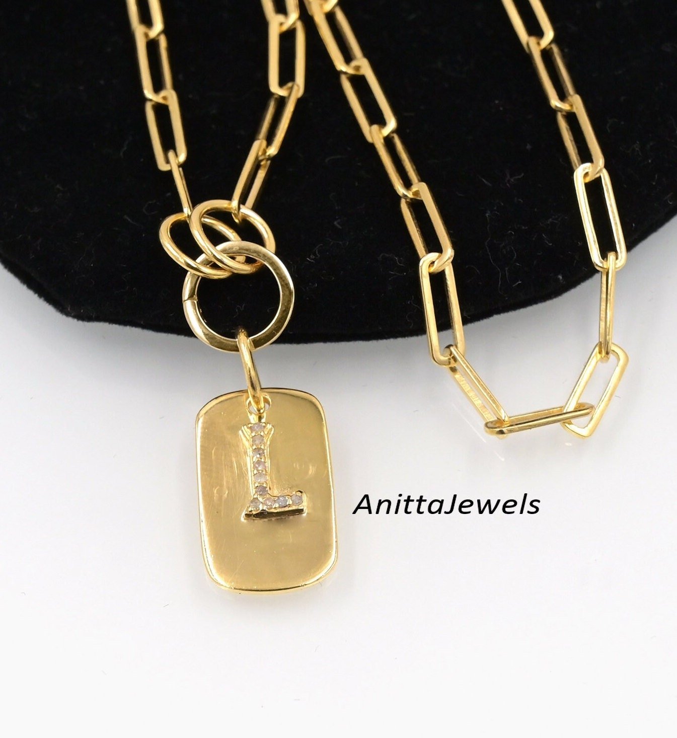 Sterling Silver Diamond Initial Dog Tag Pendant - Charm Holder - View 2 - Anitta Jewels | SKU: etsy_931283227 Sterling Silver Diamond Initial Dog Tag Pendant - Charm Holder - View 2 - Anitta Jewels | SKU: etsy_931283227