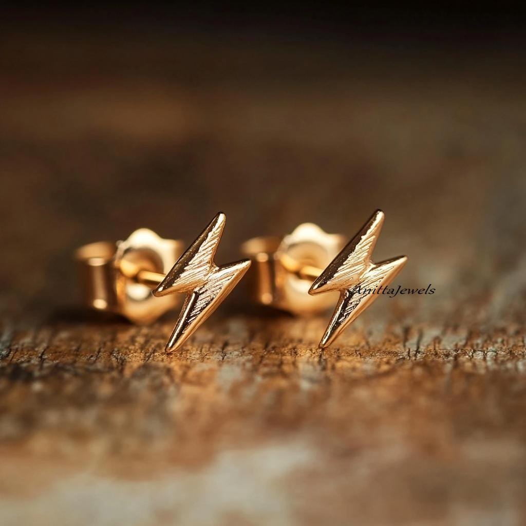 Sterling Silver Gold Lightning Bolt Stud Earrings - 10MM - View 2 - Anitta Jewels | SKU: etsy_1779582470 Sterling Silver Gold Lightning Bolt Stud Earrings - 10MM - View 2 - Anitta Jewels | SKU: etsy_1779582470