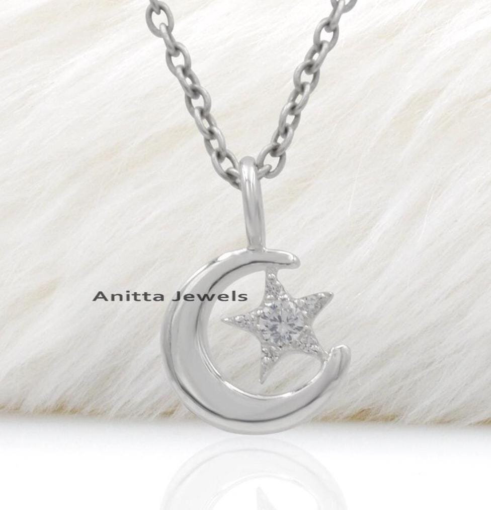 Sterling Silver Moon Star Necklace: Diamond Pendant, Handmade Chain - Anitta Jewels | SKU: etsy_1104735250 Sterling Silver Moon Star Necklace: Diamond Pendant, Handmade Chain - Anitta Jewels | SKU: etsy_1104735250
