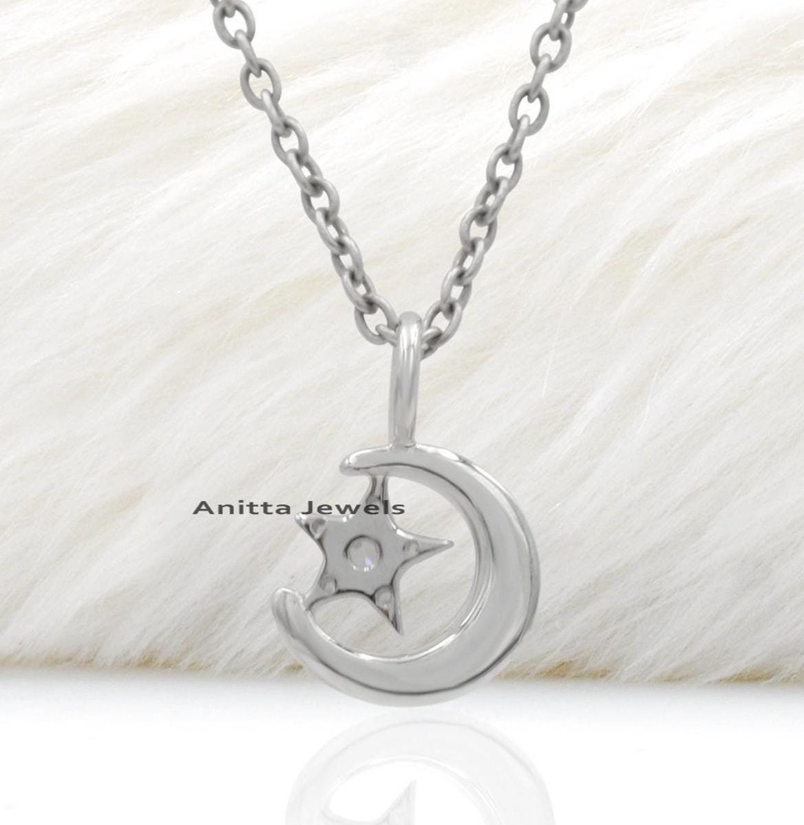 Sterling Silver Moon Star Necklace: Diamond Pendant, Handmade Chain - View 2 - Anitta Jewels | SKU: etsy_1104735250 Sterling Silver Moon Star Necklace: Diamond Pendant, Handmade Chain - View 2 - Anitta Jewels | SKU: etsy_1104735250