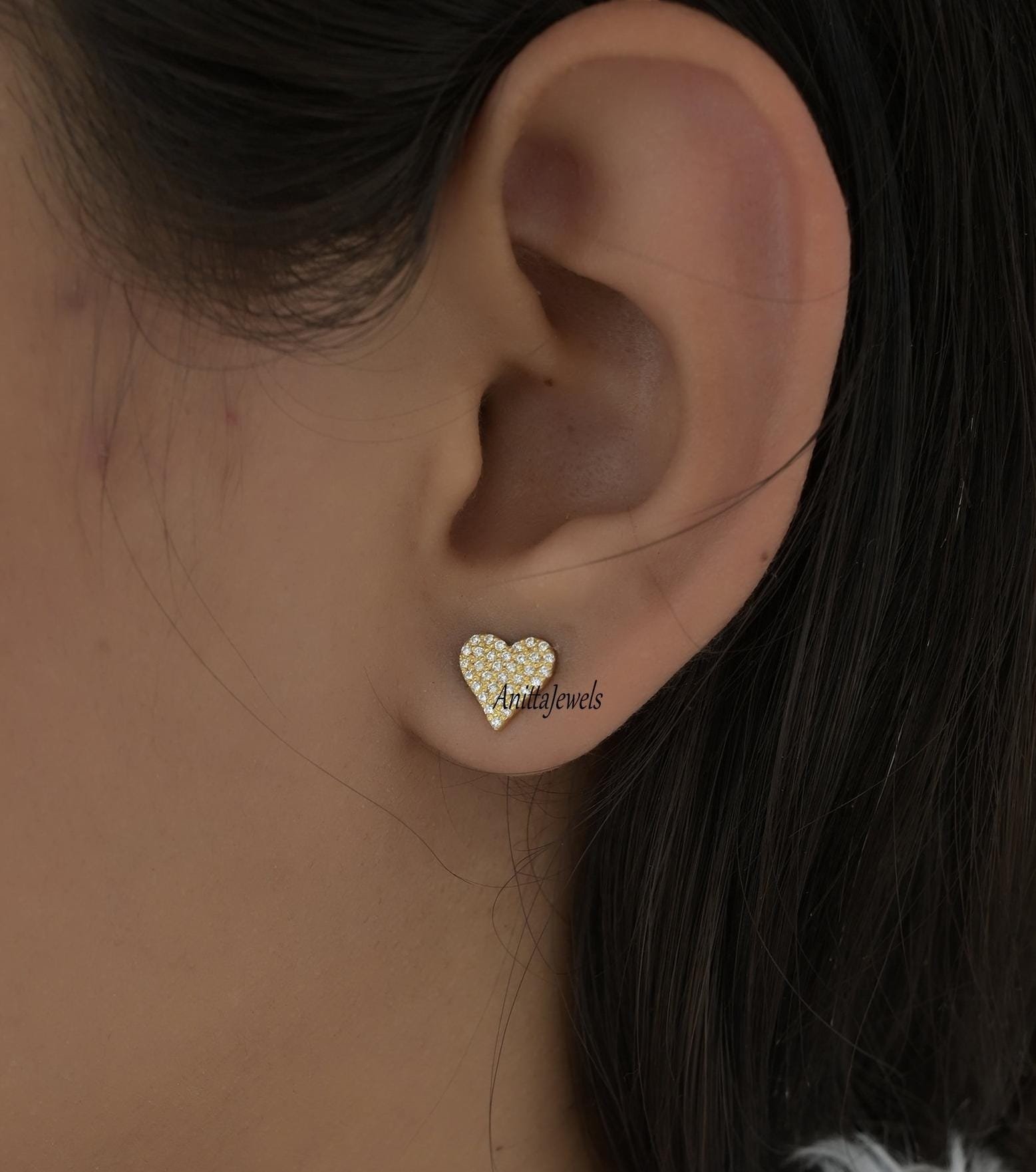 Tiny Diamond Heart Stud Earrings: 925 Silver, 8mm - View 3 - Anitta Jewels | SKU: etsy_1206108393 Tiny Diamond Heart Stud Earrings: 925 Silver, 8mm - View 3 - Anitta Jewels | SKU: etsy_1206108393