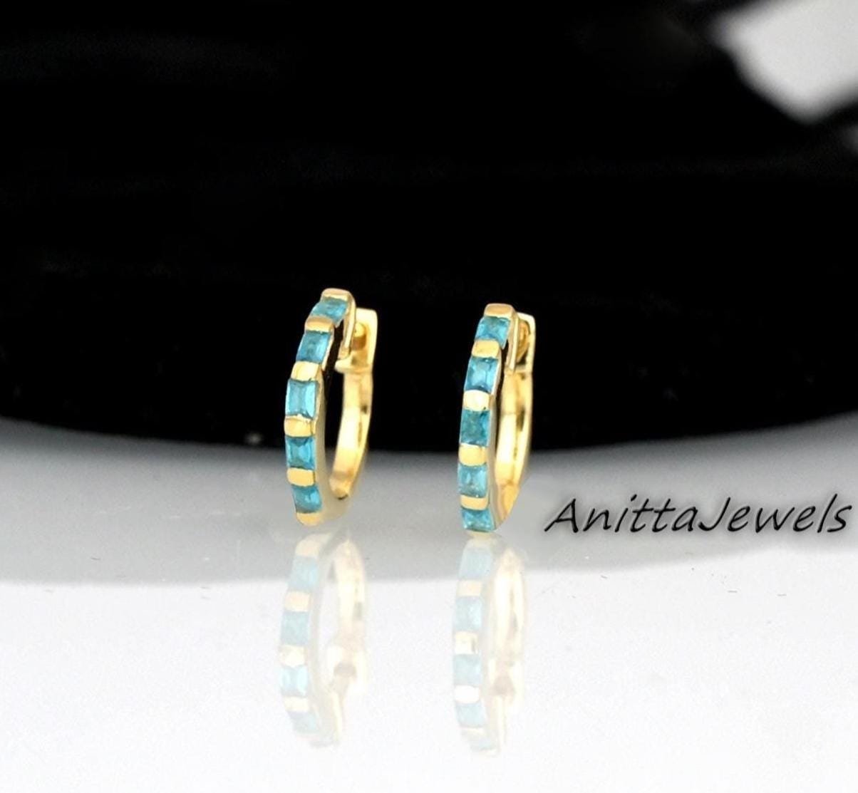 Turquoise Baguette Hoop Earrings: 14K Gold Plated Huggies, 925 Silver - Anitta Jewels | SKU: etsy_1134048639 Turquoise Baguette Hoop Earrings: 14K Gold Plated Huggies, 925 Silver - Anitta Jewels | SKU: etsy_1134048639