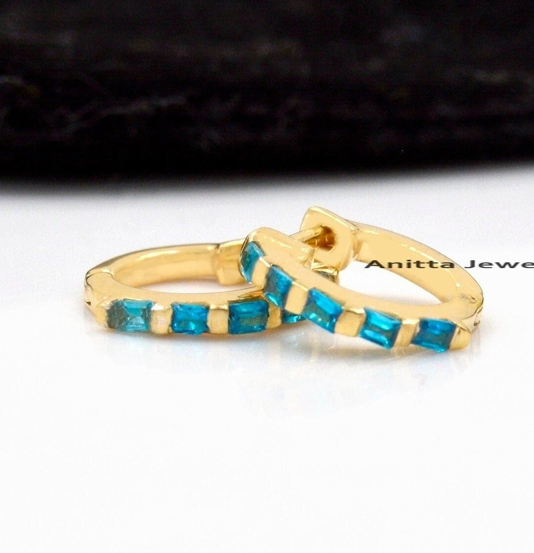Turquoise Baguette Hoop Earrings: 14K Gold Plated Huggies, 925 Silver - View 5 - Anitta Jewels | SKU: etsy_1134048639 Turquoise Baguette Hoop Earrings: 14K Gold Plated Huggies, 925 Silver - View 5 - Anitta Jewels | SKU: etsy_1134048639
