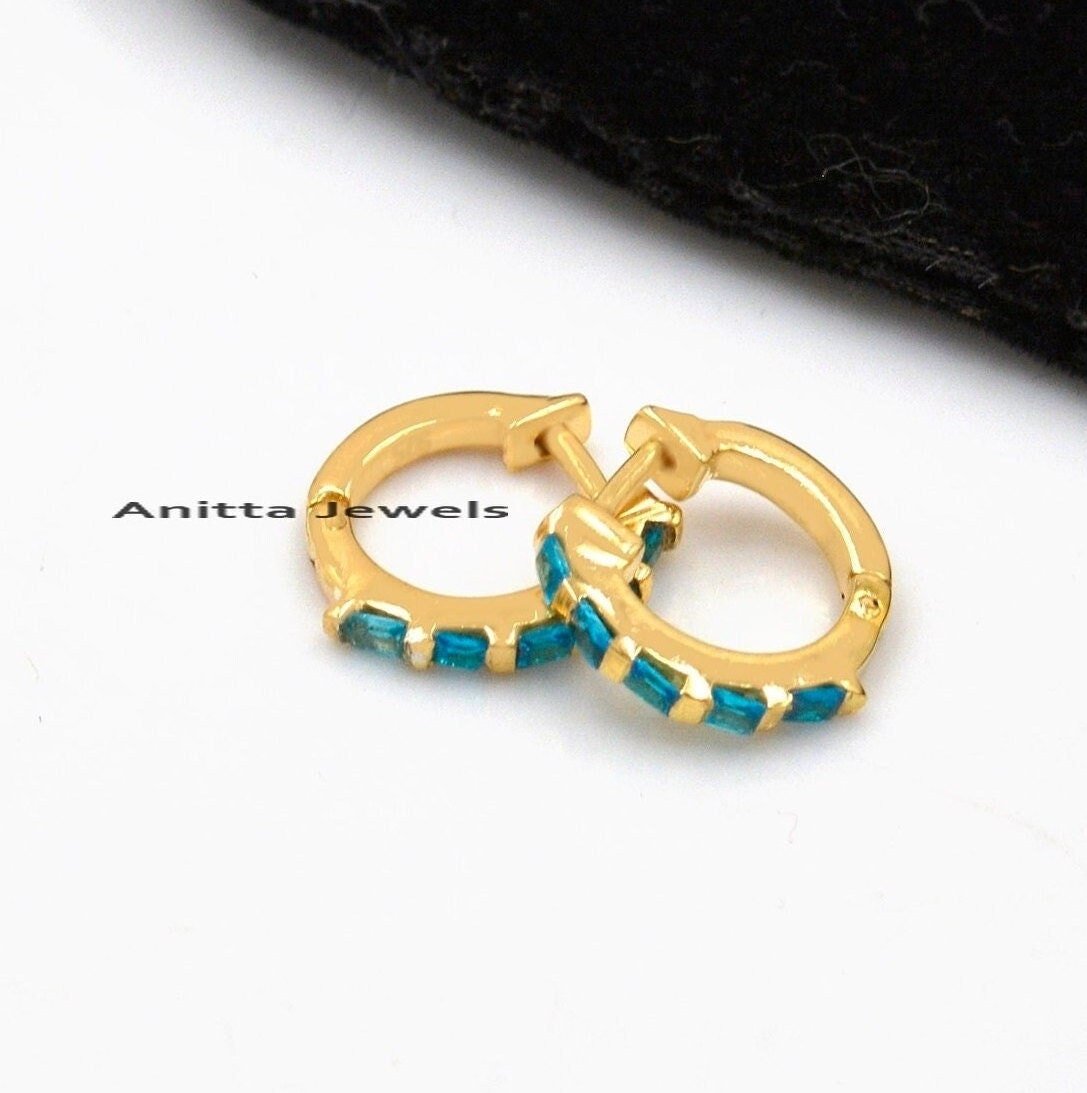 Turquoise Baguette Hoop Earrings: 14K Gold Plated Huggies, 925 Silver - View 6 - Anitta Jewels | SKU: etsy_1134048639 Turquoise Baguette Hoop Earrings: 14K Gold Plated Huggies, 925 Silver - View 6 - Anitta Jewels | SKU: etsy_1134048639